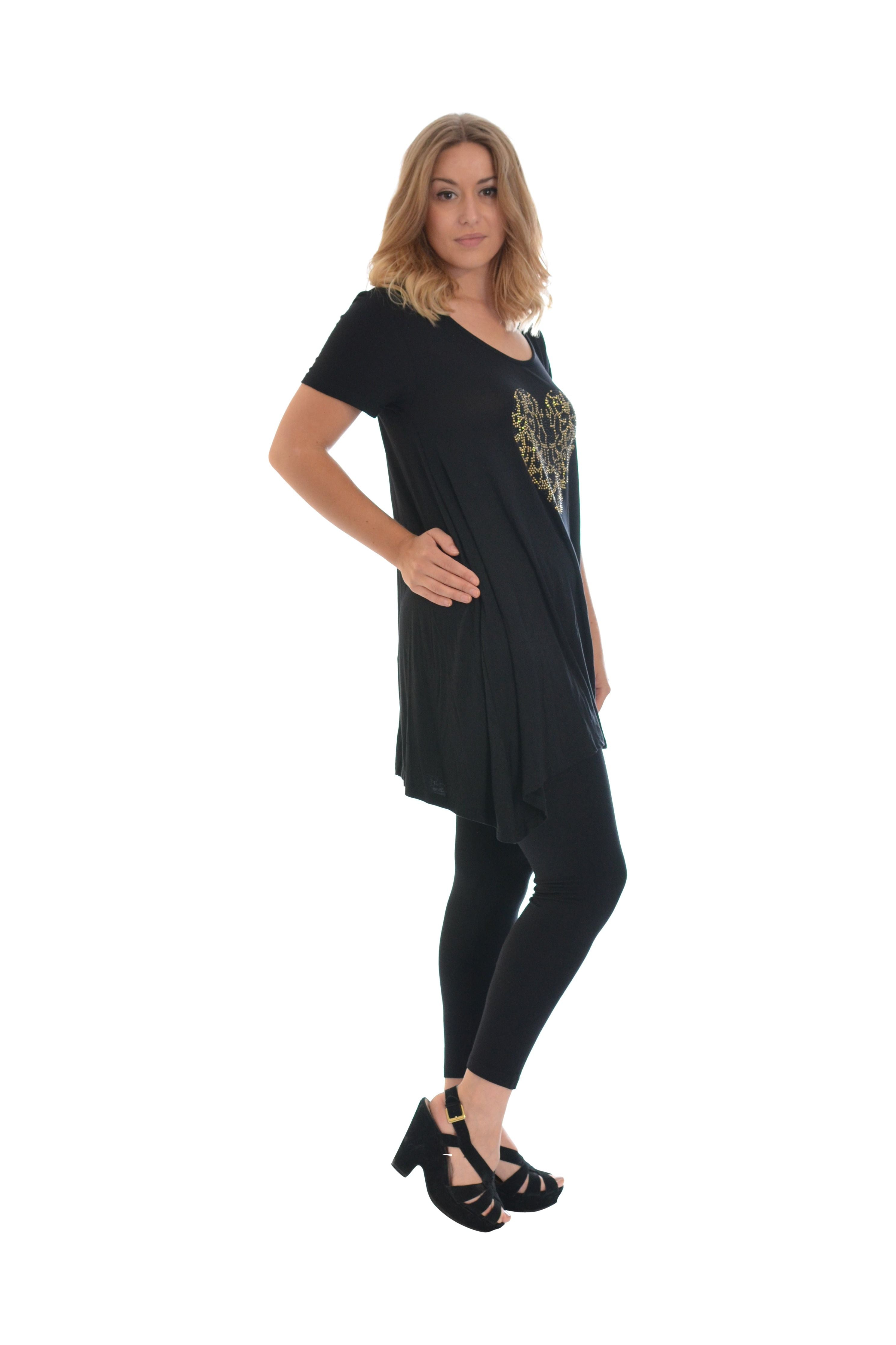Leopard Print Studded Heart Hanky Hem Short Sleeve Top Apparel & Accessories WearAll