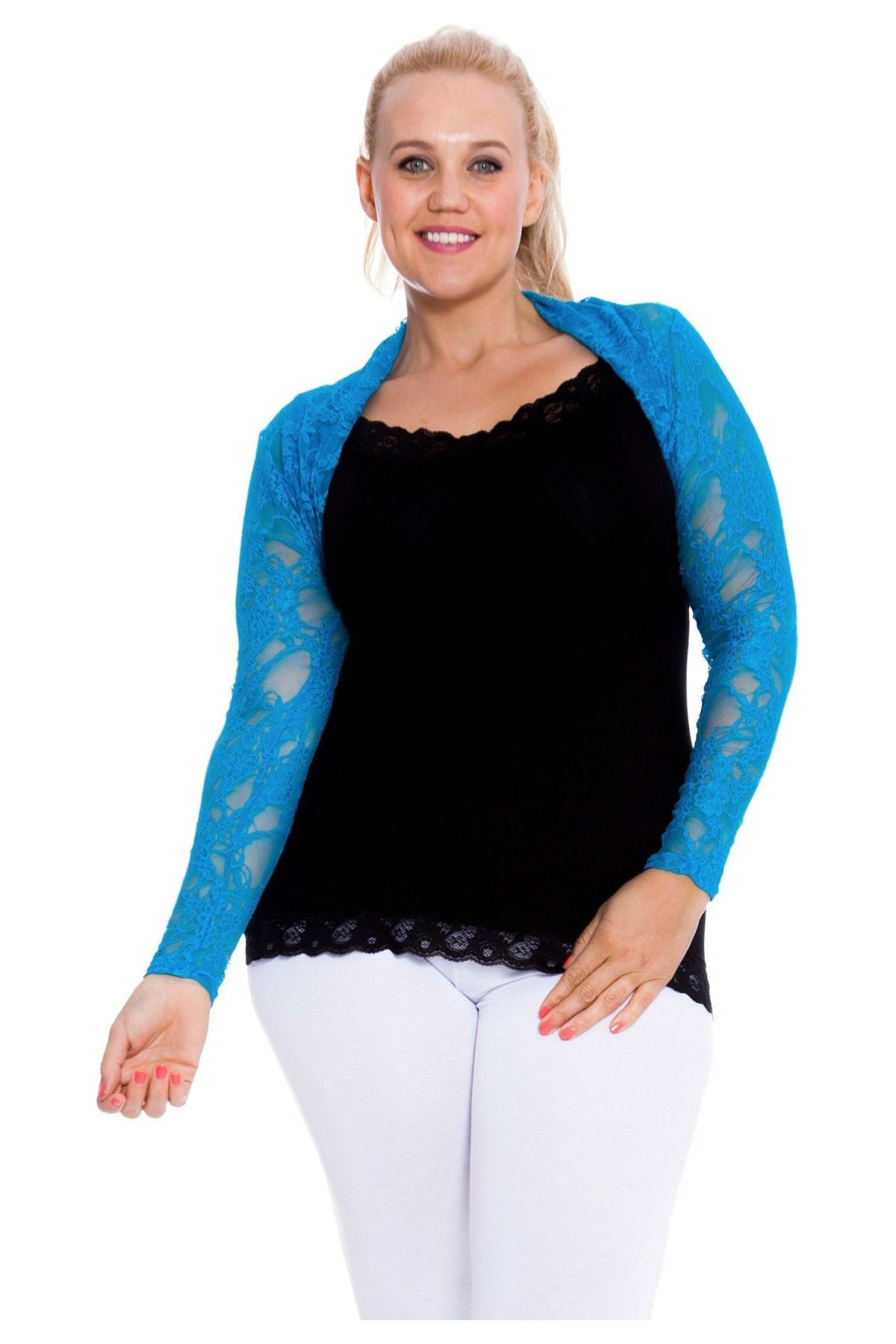 Plus Size Cropped Lace Bolero Shrug Tops WearAll Turquoise 14