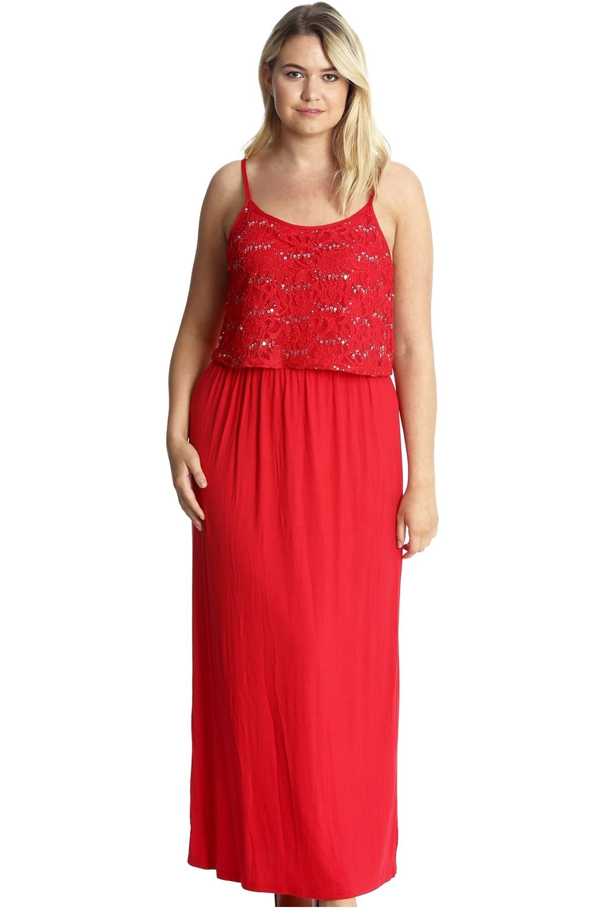 Plus Size Floral Sequin Lace Maxi Dress Dress WearAll Red 14