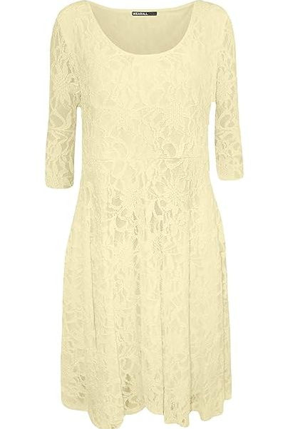 Plus size 3/4 Sleeve Ladies Skater Dress Dress WearAll Cream 14