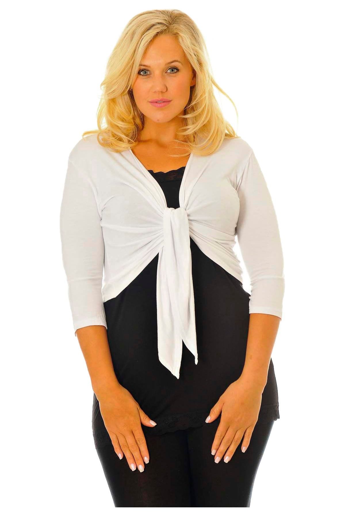 Plus Size 3/4 Sleeve Tie Shrug Tops WearAll White 18