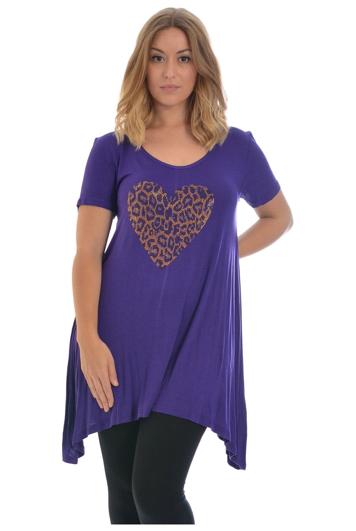 Leopard Print Studded Heart Hanky Hem Short Sleeve Top Apparel & Accessories WearAll Purple 14