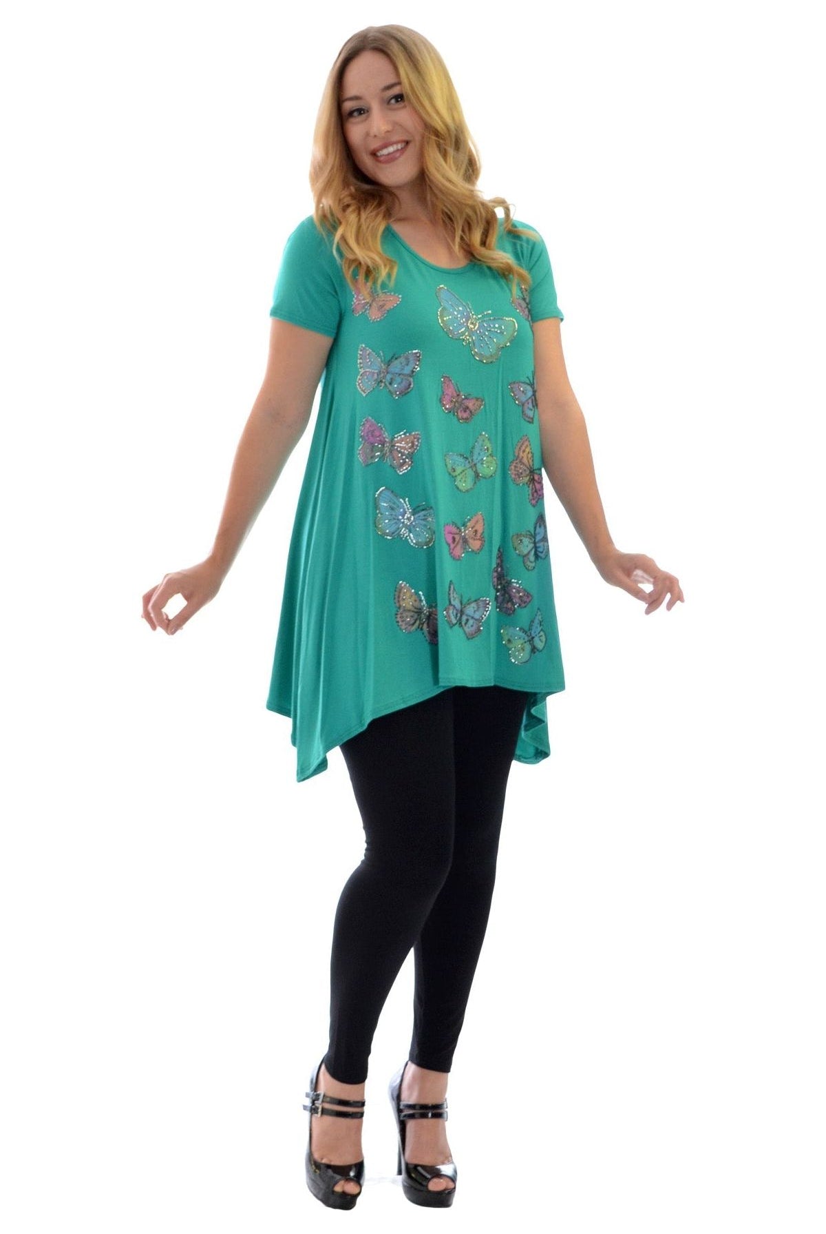 Butterfly Hanky Hem Short Sleeve Top Apparel & Accessories WearAll Green 14