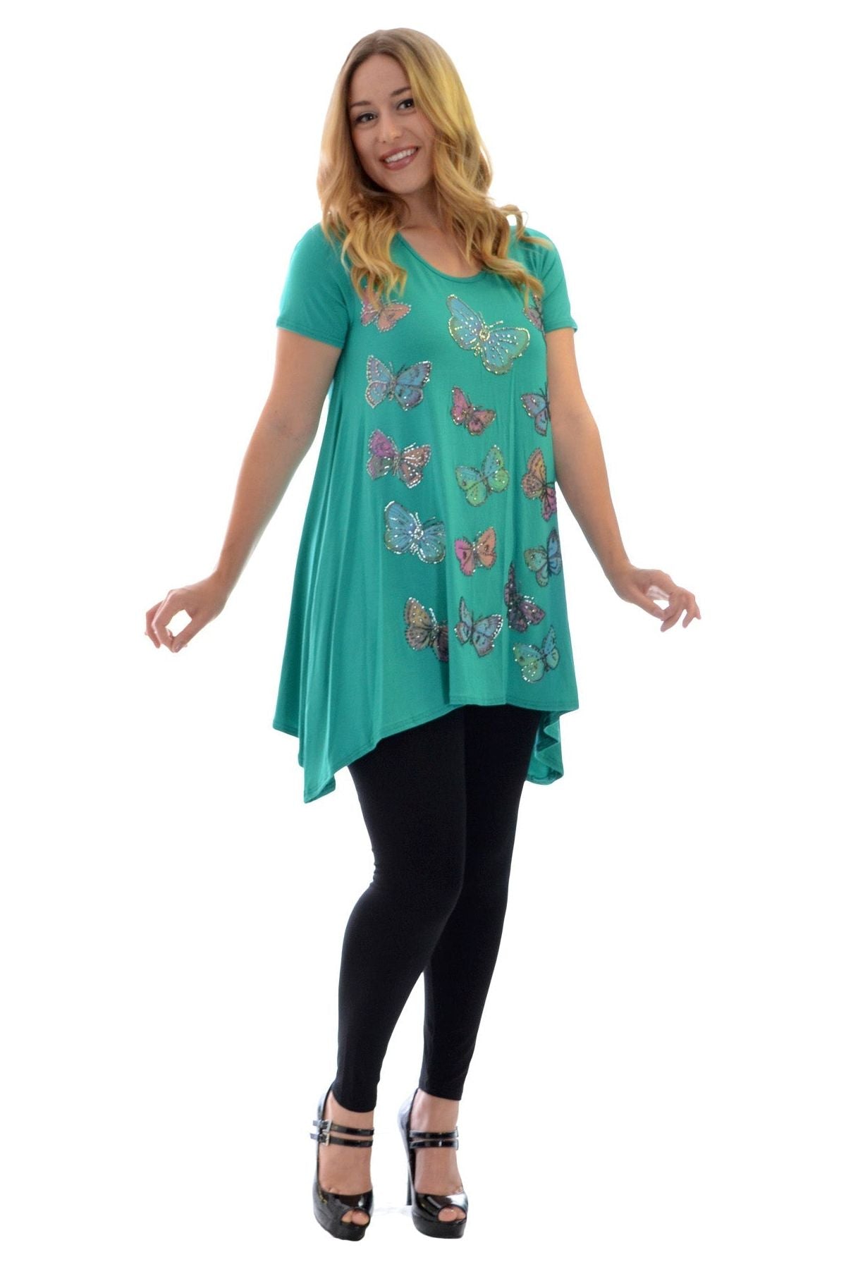 Butterfly Hanky Hem Short Sleeve Top Apparel & Accessories WearAll Green 14