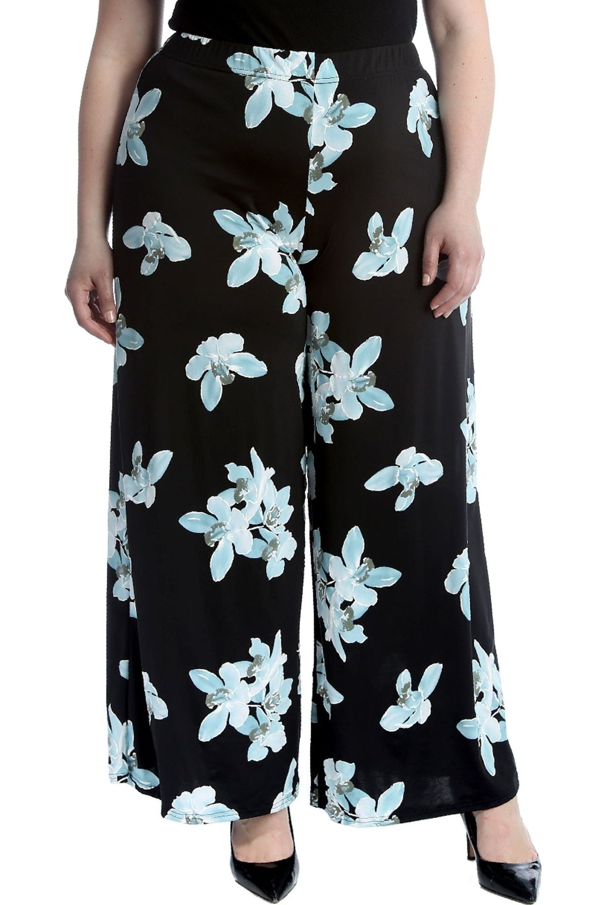 Plus Size Floral Print Palazzo Trouser Palazzo WearAll Black Light Green 16-18