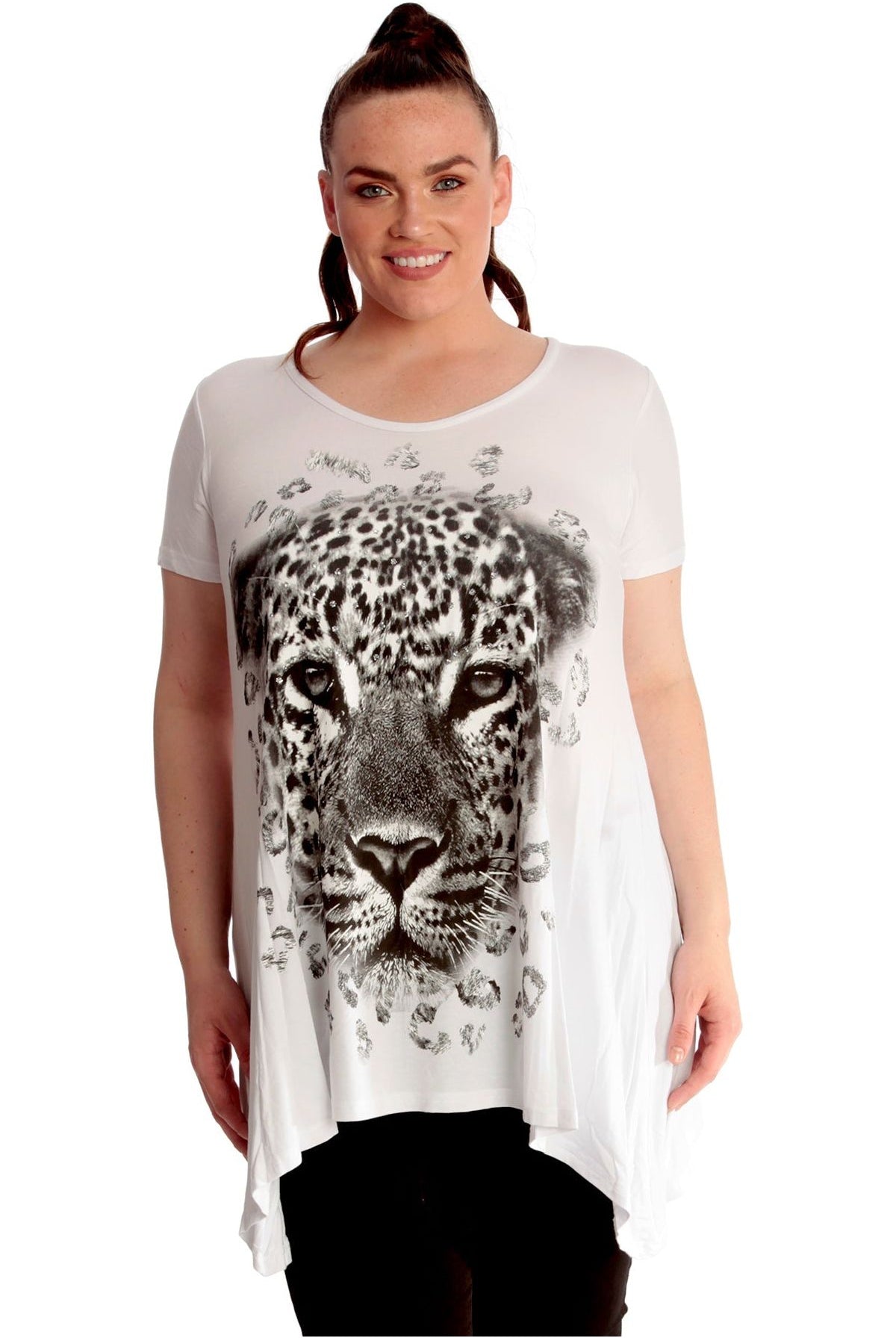 Leopard Print Hanky Hem Short Sleeve Top Tops WearAll