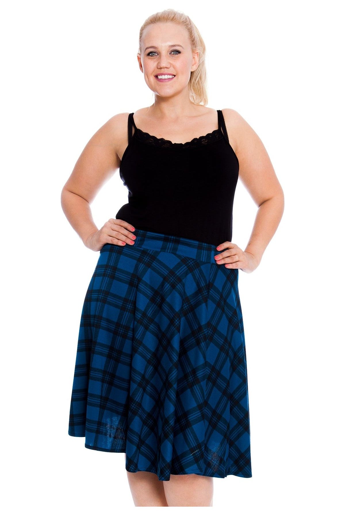 Tartan Elastic Waist Skirt – Flared Skater Style Skirt WearAll Teal 14