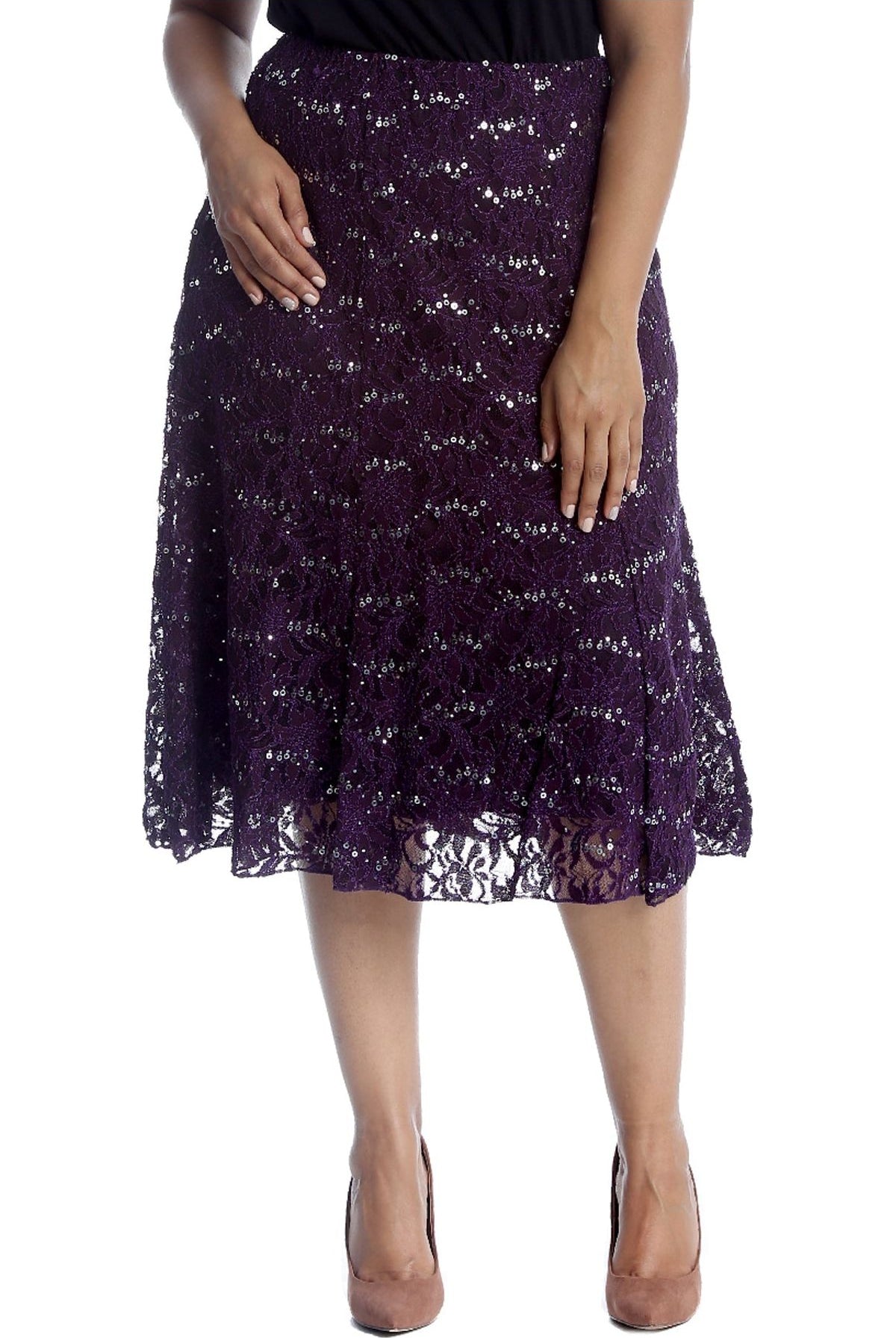 Floral Lace Lined Sequin Flared Midi Skirt Skirt WearAll