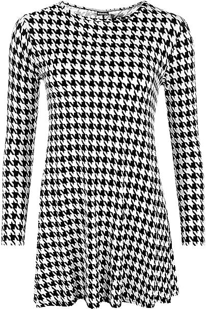 Plus Size Dog Tooth Print Long Sleeve Swing Dress Top Dress WearAll