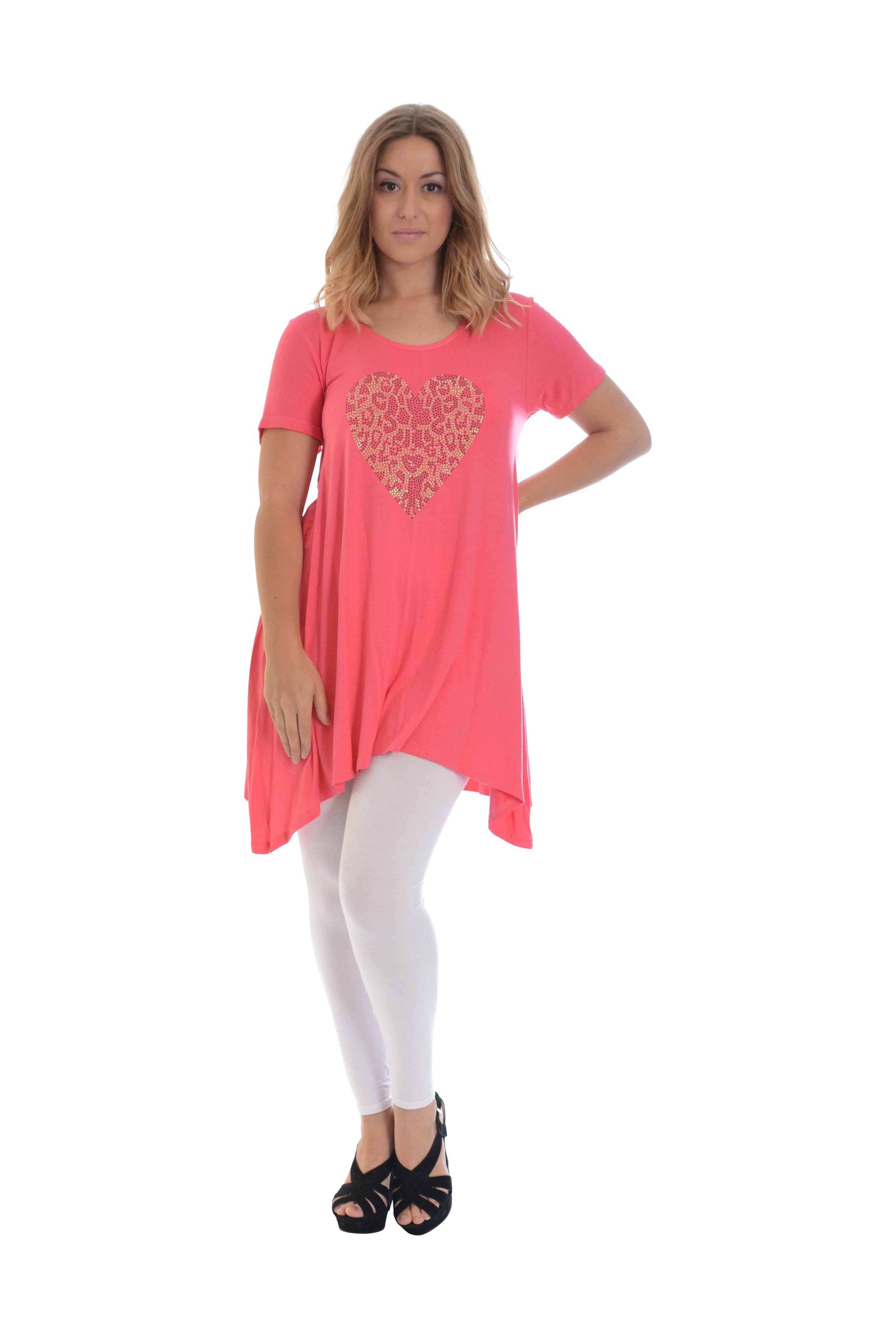 Leopard Print Studded Heart Hanky Hem Short Sleeve Top Apparel & Accessories WearAll