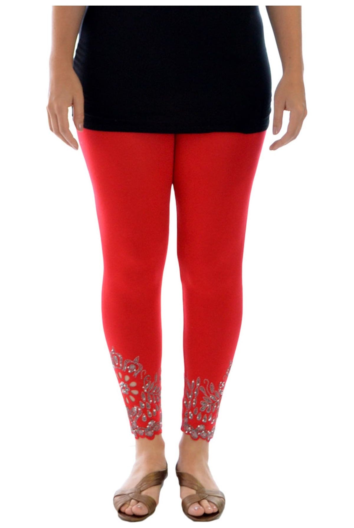 Sequin Scallop Beaded Flower Petal Leggings Leggings WearAll Red 12-14