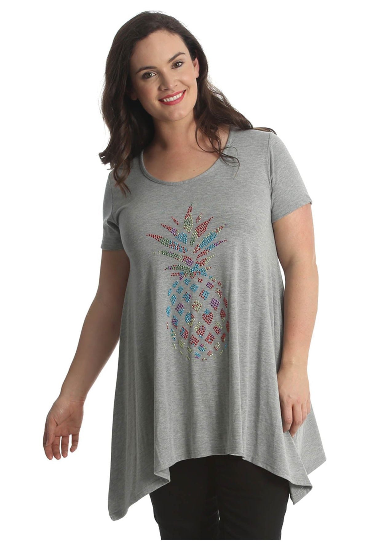 Pineapple Stud Hanky Hem Short Sleeve Top Apparel & Accessories WearAll Silver Grey 20