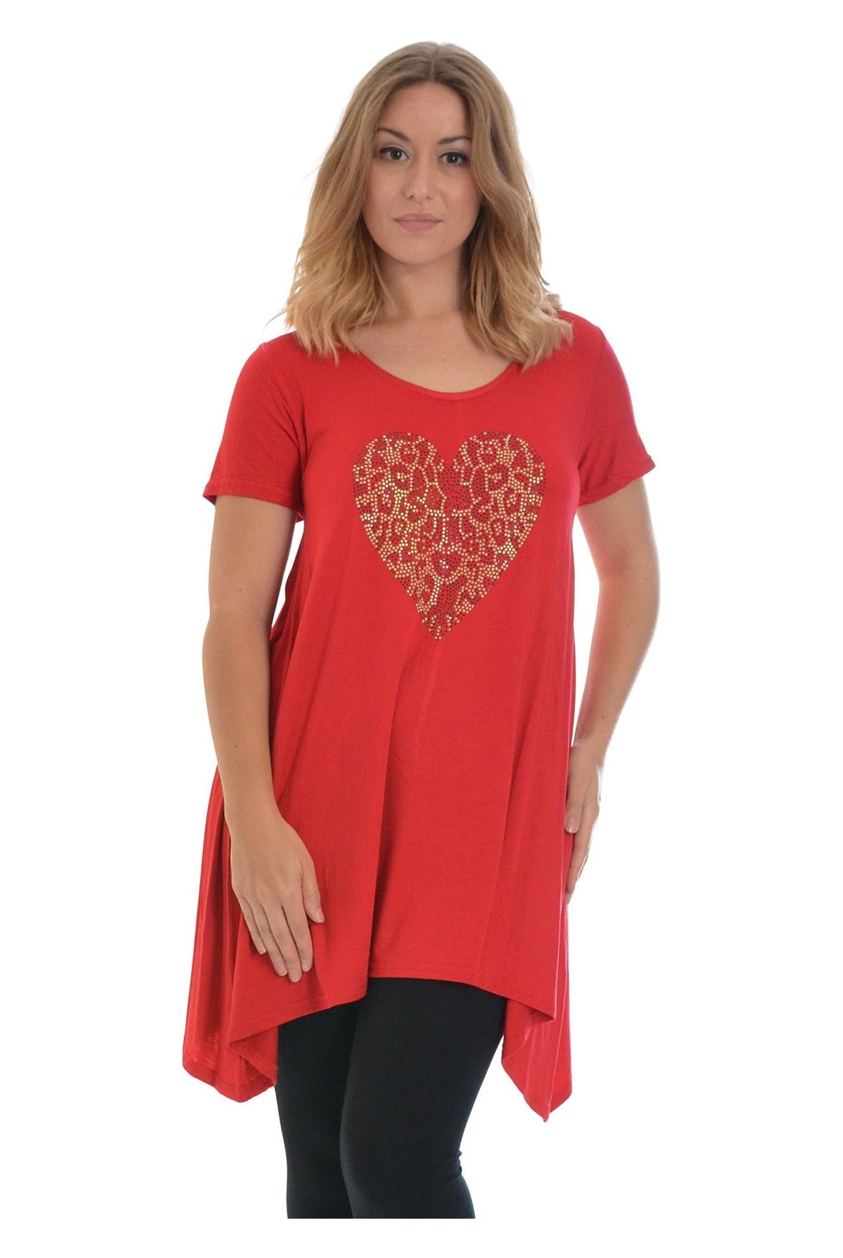 Leopard Print Studded Heart Hanky Hem Short Sleeve Top Apparel & Accessories WearAll Red 14