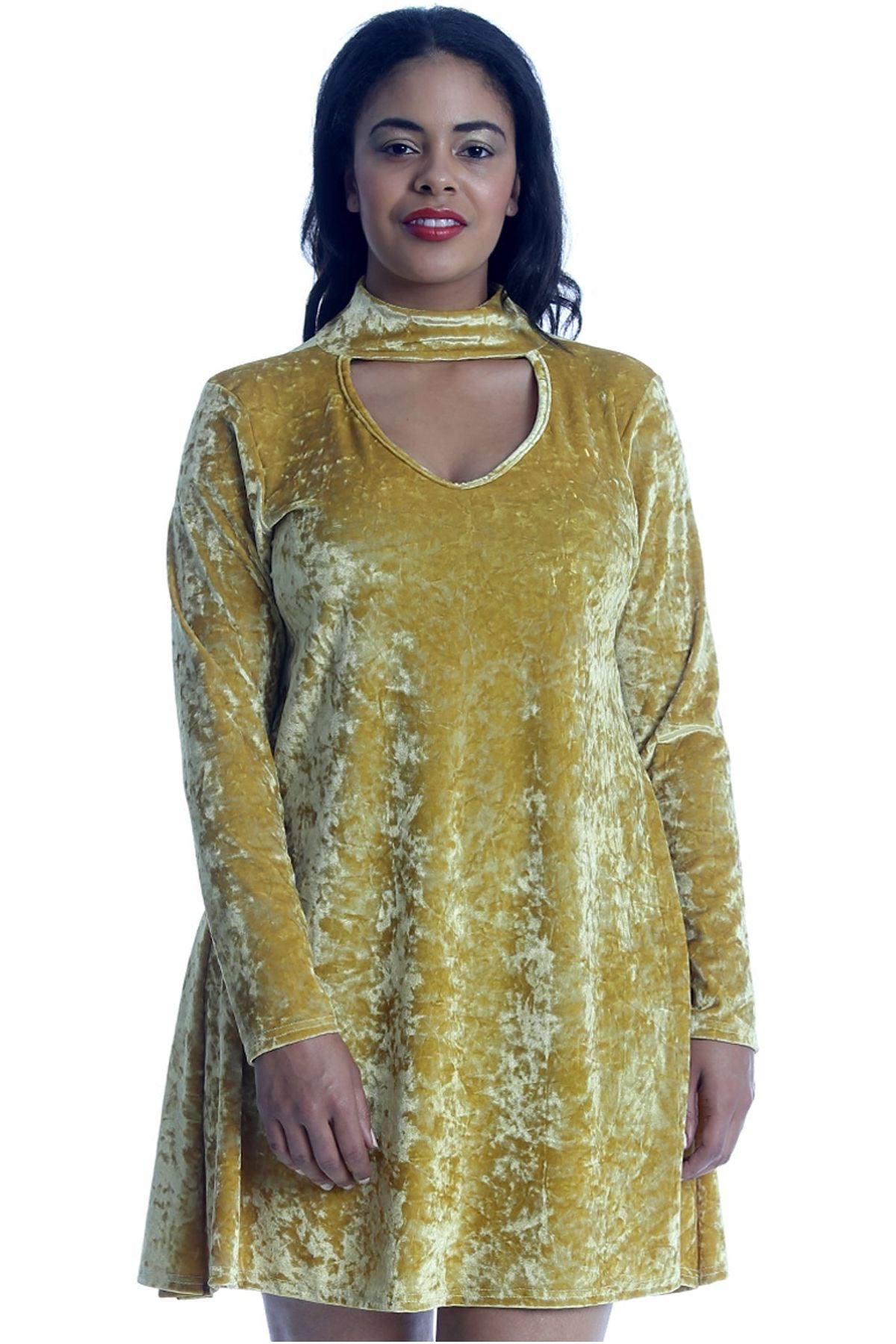 Plus Size Velour Velvet Long Sleeve Choker V-Neck Dress Dress WearAll Mustard 16