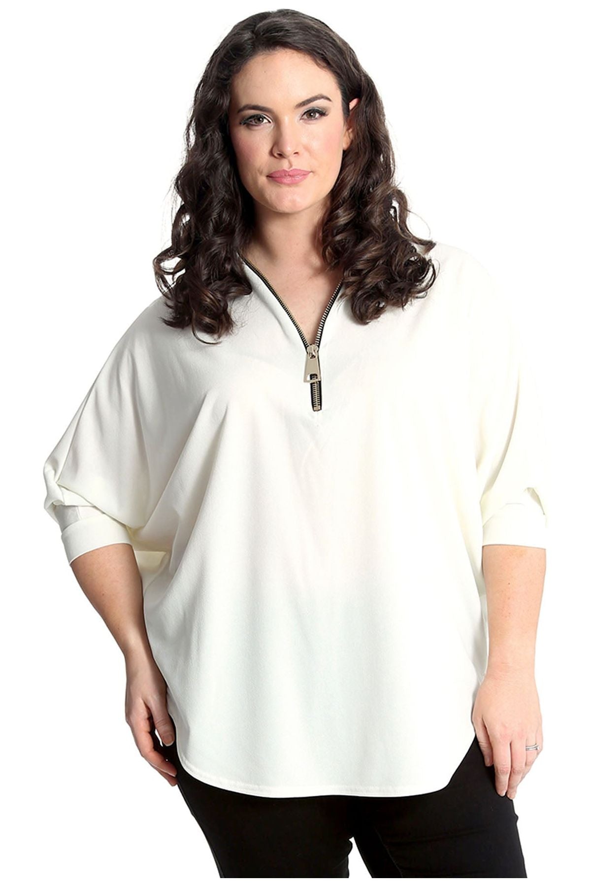 Zip Curved Hem V-Neck Batwing Sleeve Top Tops WearAll