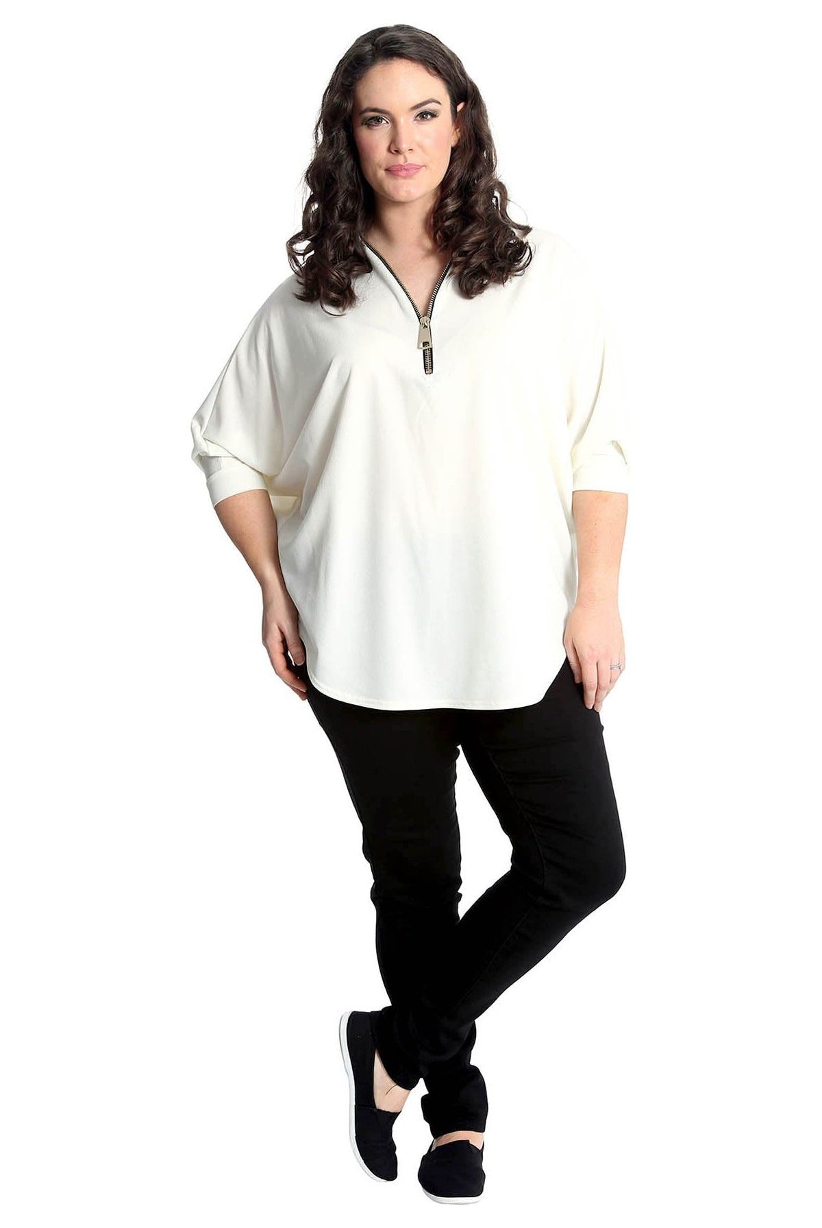 Zip Curved Hem V-Neck Batwing Sleeve Top Tops WearAll