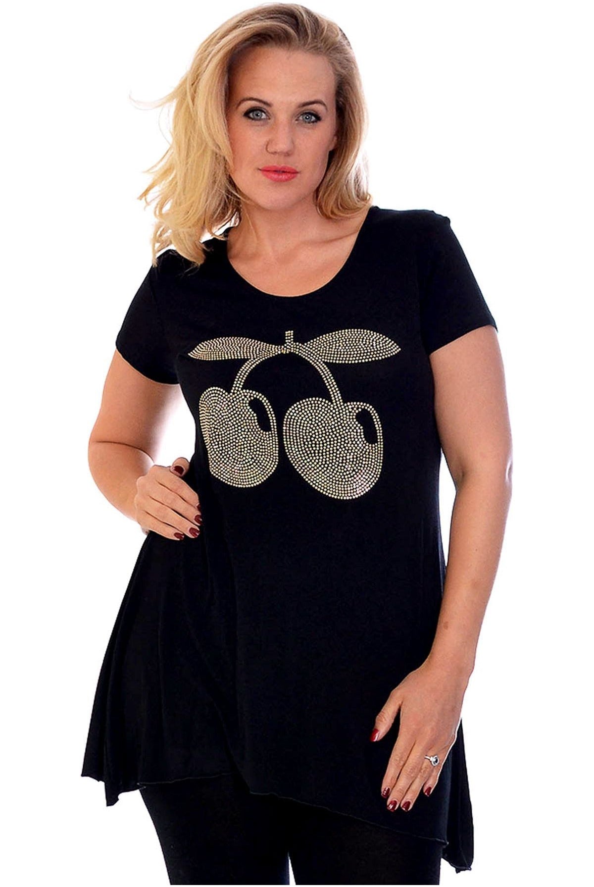 Cherry Stud Hanky Hem Short Sleeve Top Apparel & Accessories WearAll Black 26-28