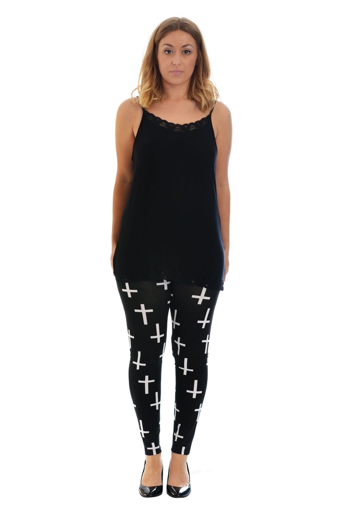 Black Cross Print Stretchy Leggings Leggings WearAll