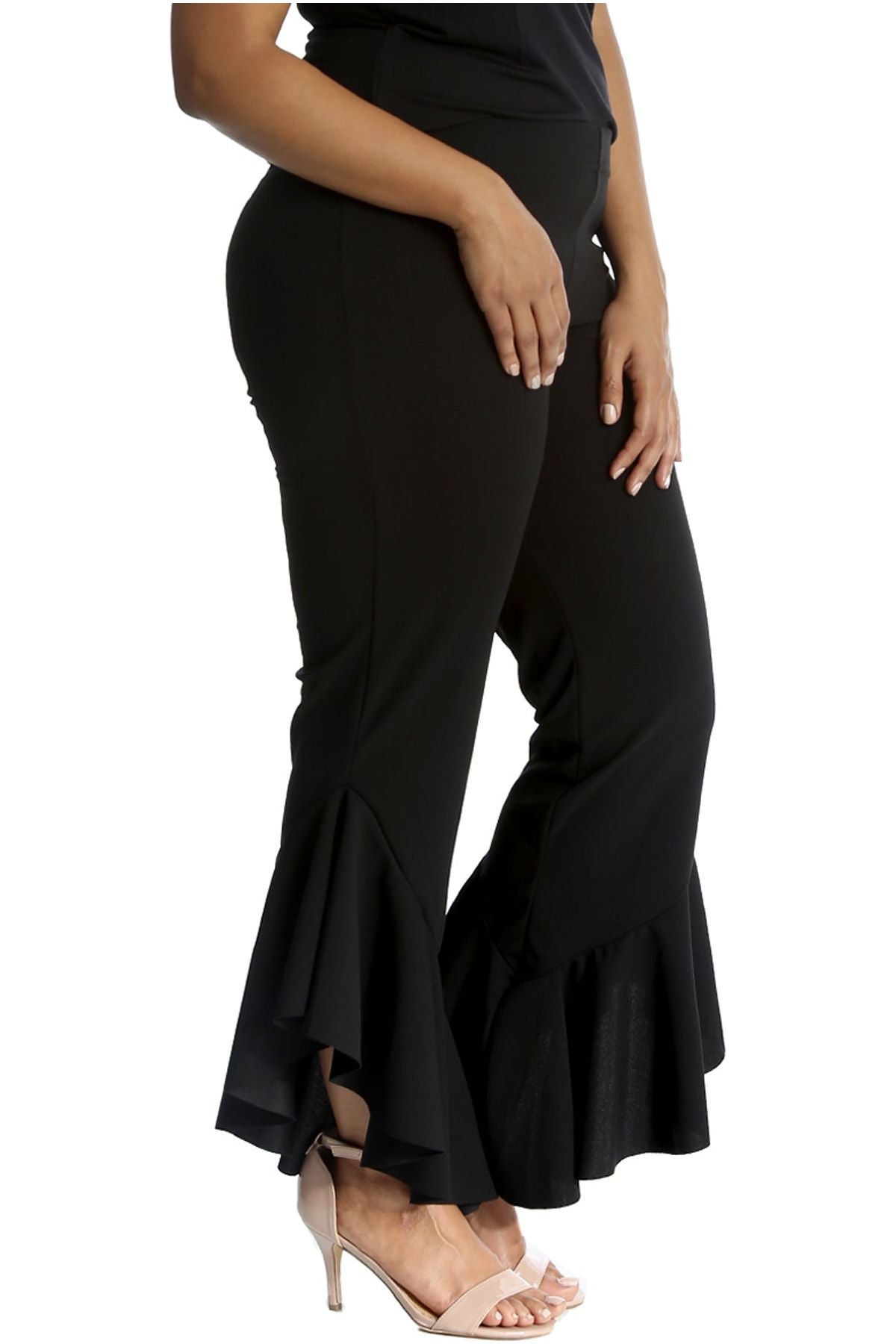 Frill Asymmetric Hem Plain Trousers Trousers WearAll Black 12-14