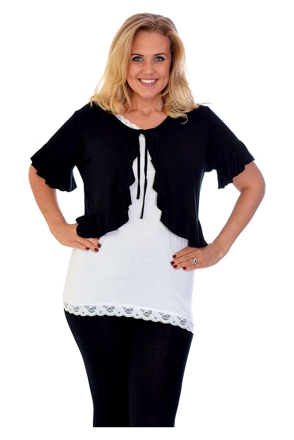 Plus Size Frill Tie Shrug Tops WearAll Black 14