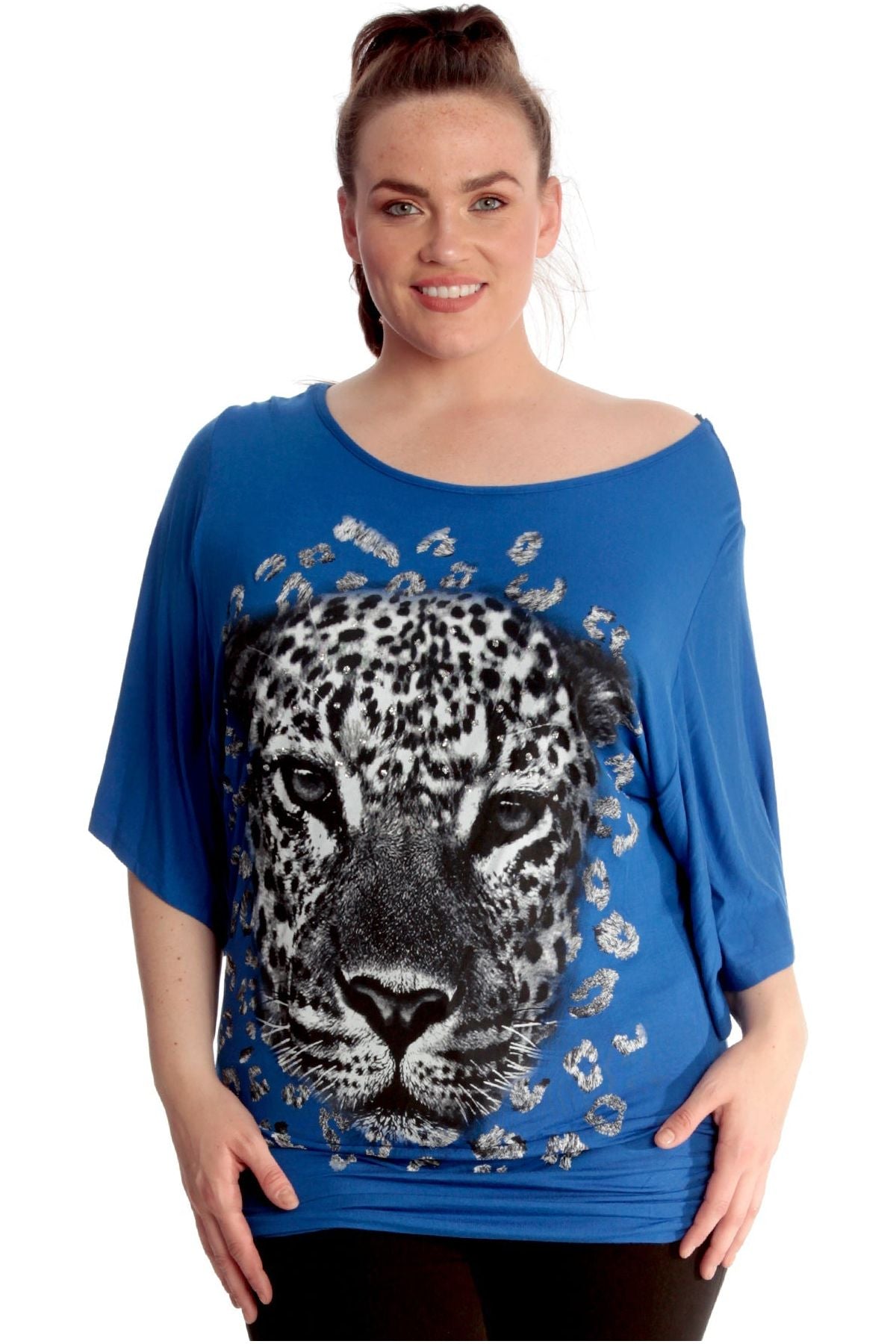 Tiger Print Glitter Batwing Top Tops WearAll Blue 14
