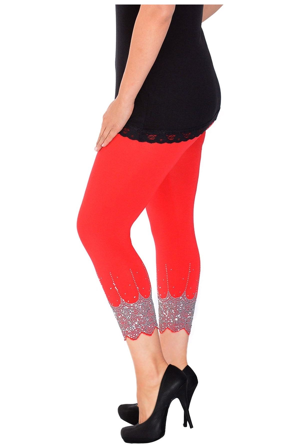 Plus Size Scallop Edge Sequin Leggings Leggings WearAll Red 16-18
