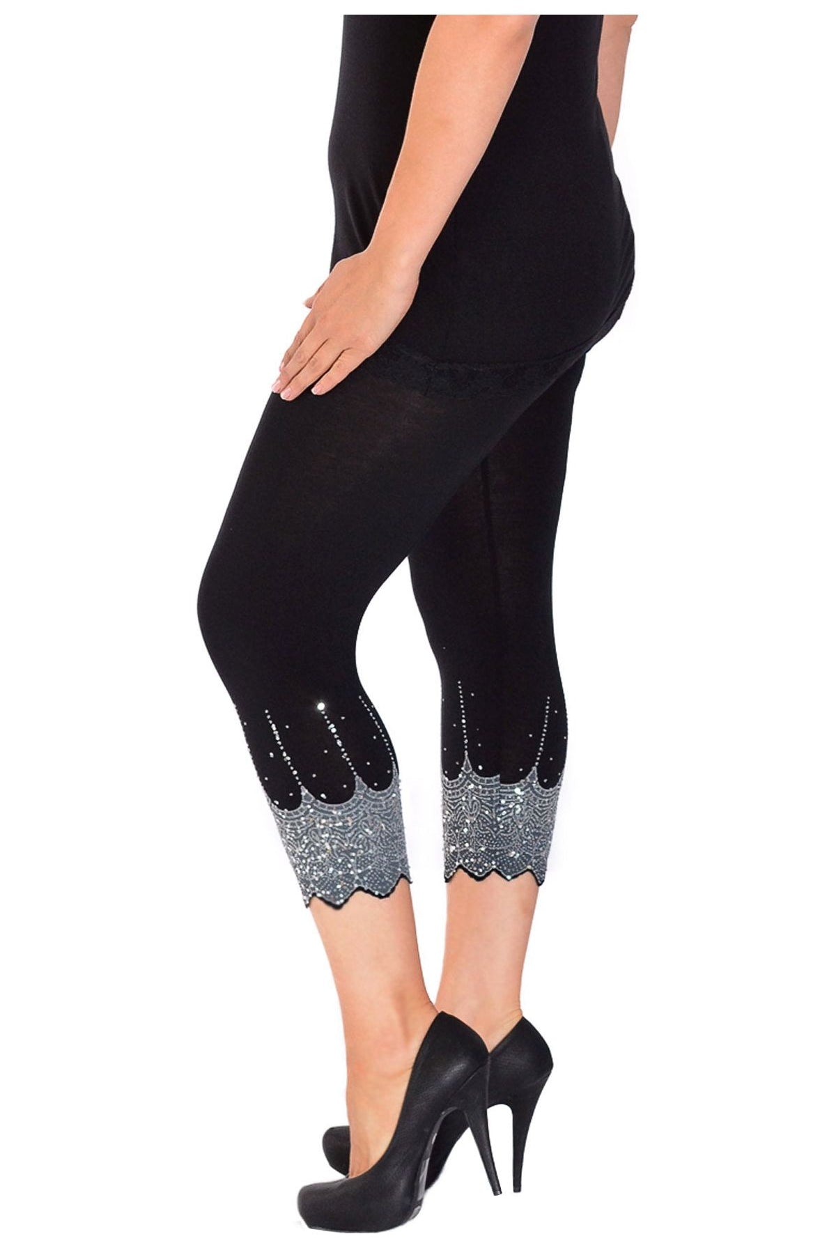 Plus Size Scallop Edge Sequin Leggings Leggings WearAll Black Silver 16-18