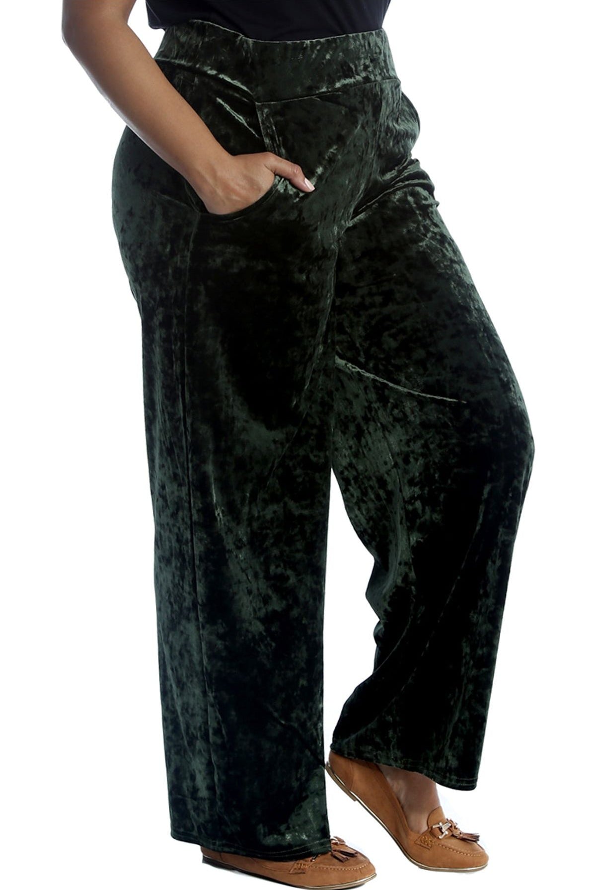 Velour Velvet Wide Flared Leg Pocket Palazzo Palazzo WearAll Green 12-14