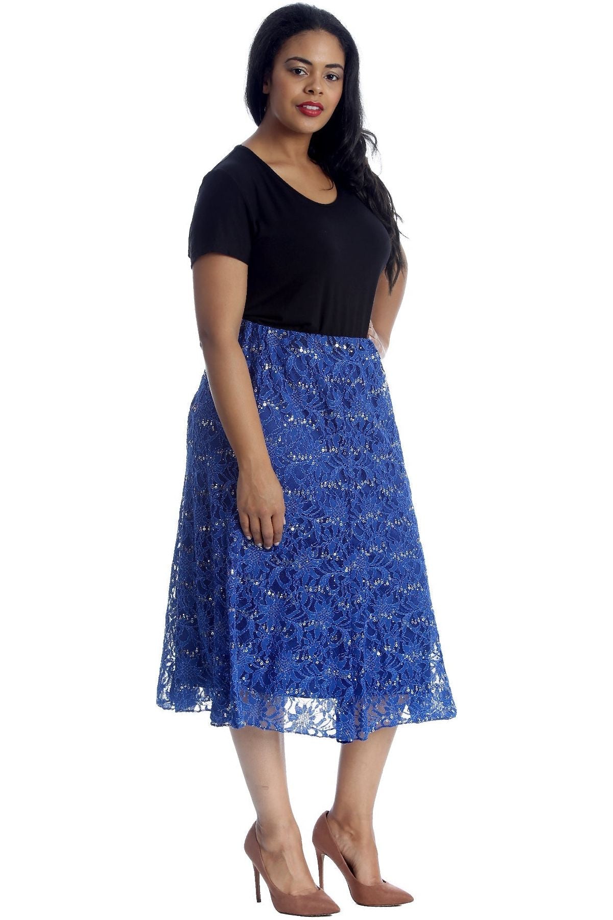 Floral Lace Lined Sequin Flared Midi Skirt Skirt WearAll