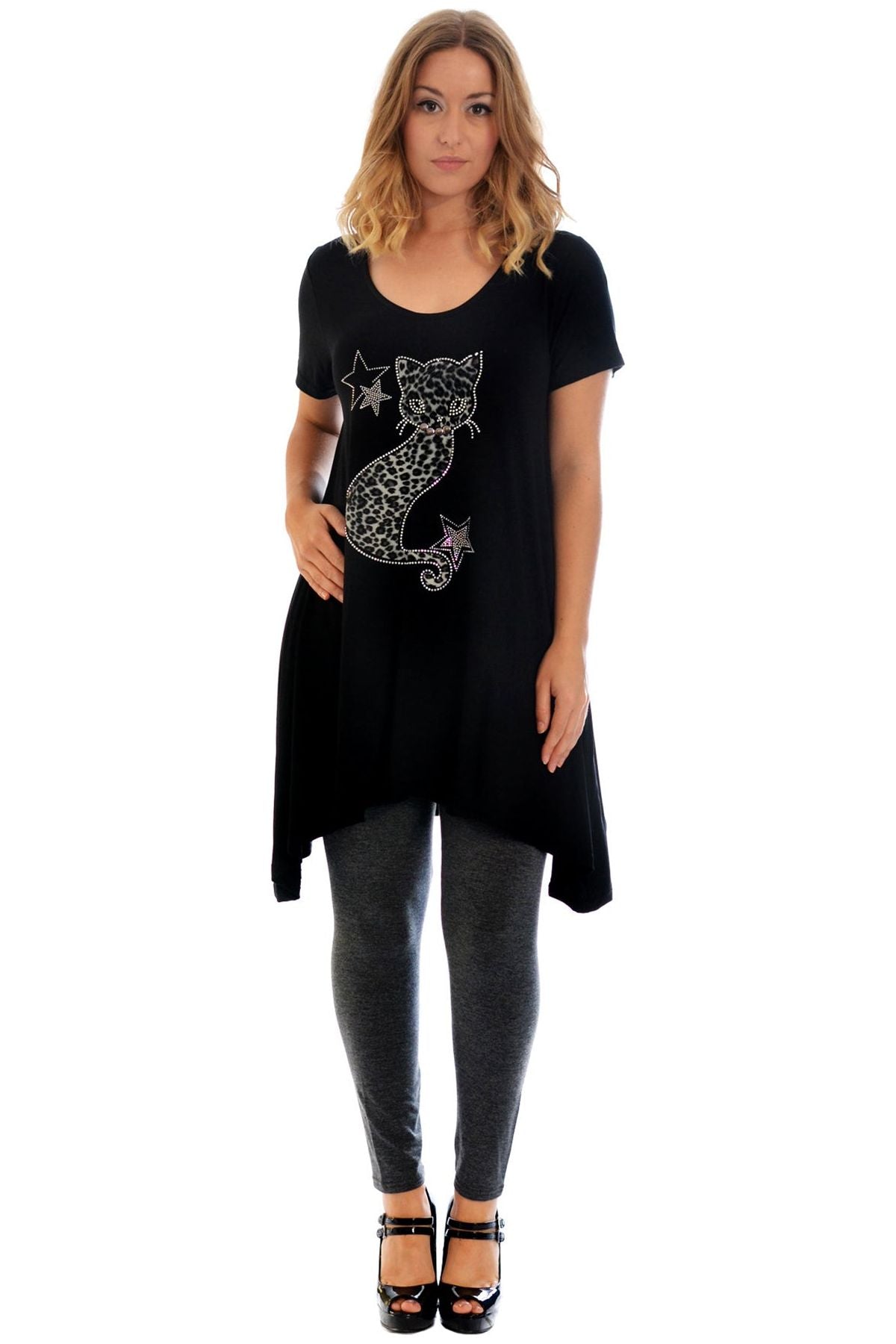 Studded Fur Cat Hanky Hem Short Sleeve Top Apparel & Accessories WearAll