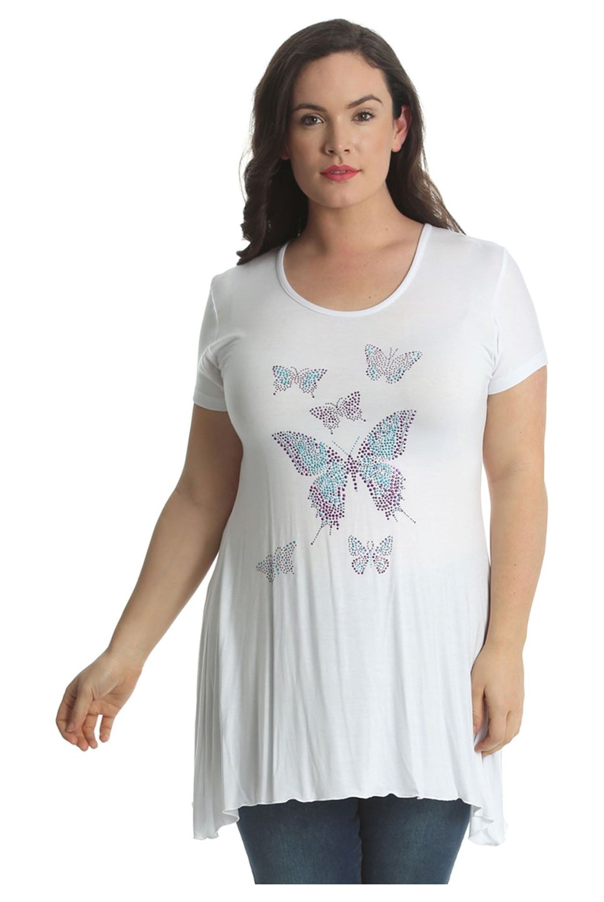 Diamante Butterfly Stud Hanky Hem Short Sleeve Top Apparel & Accessories WearAll White 14