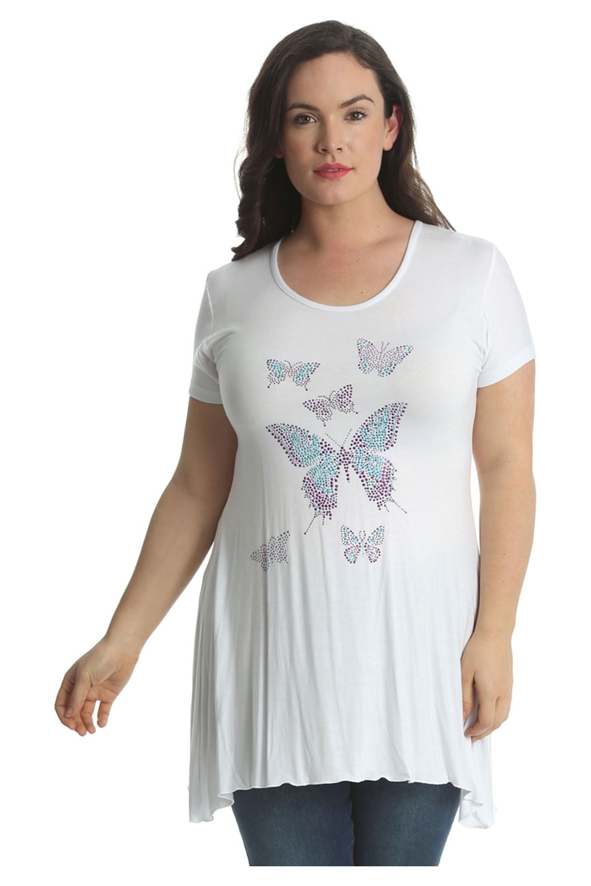 Diamante Butterfly Stud Hanky Hem Short Sleeve Top Apparel & Accessories WearAll White 14