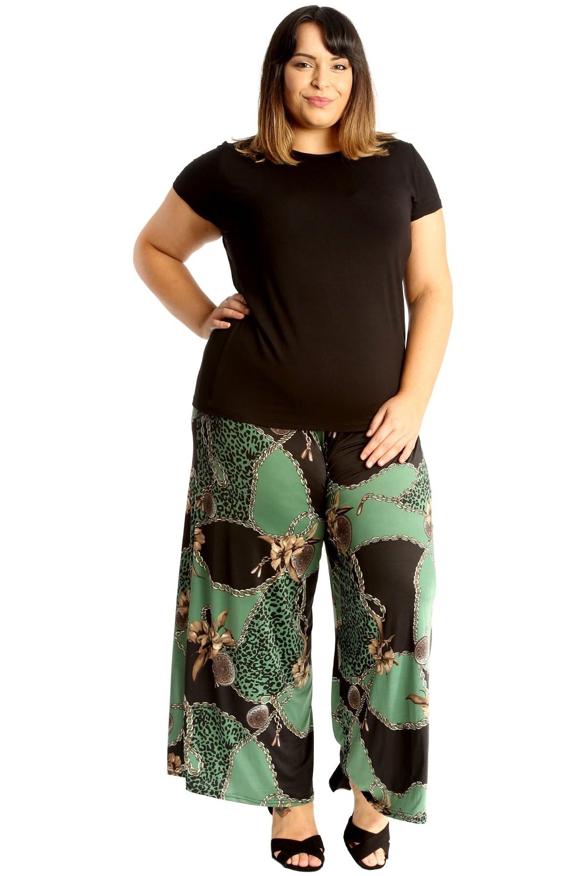Plus Size Green Leopard Chain Print Palazzo Trouser Palazzo WearAll