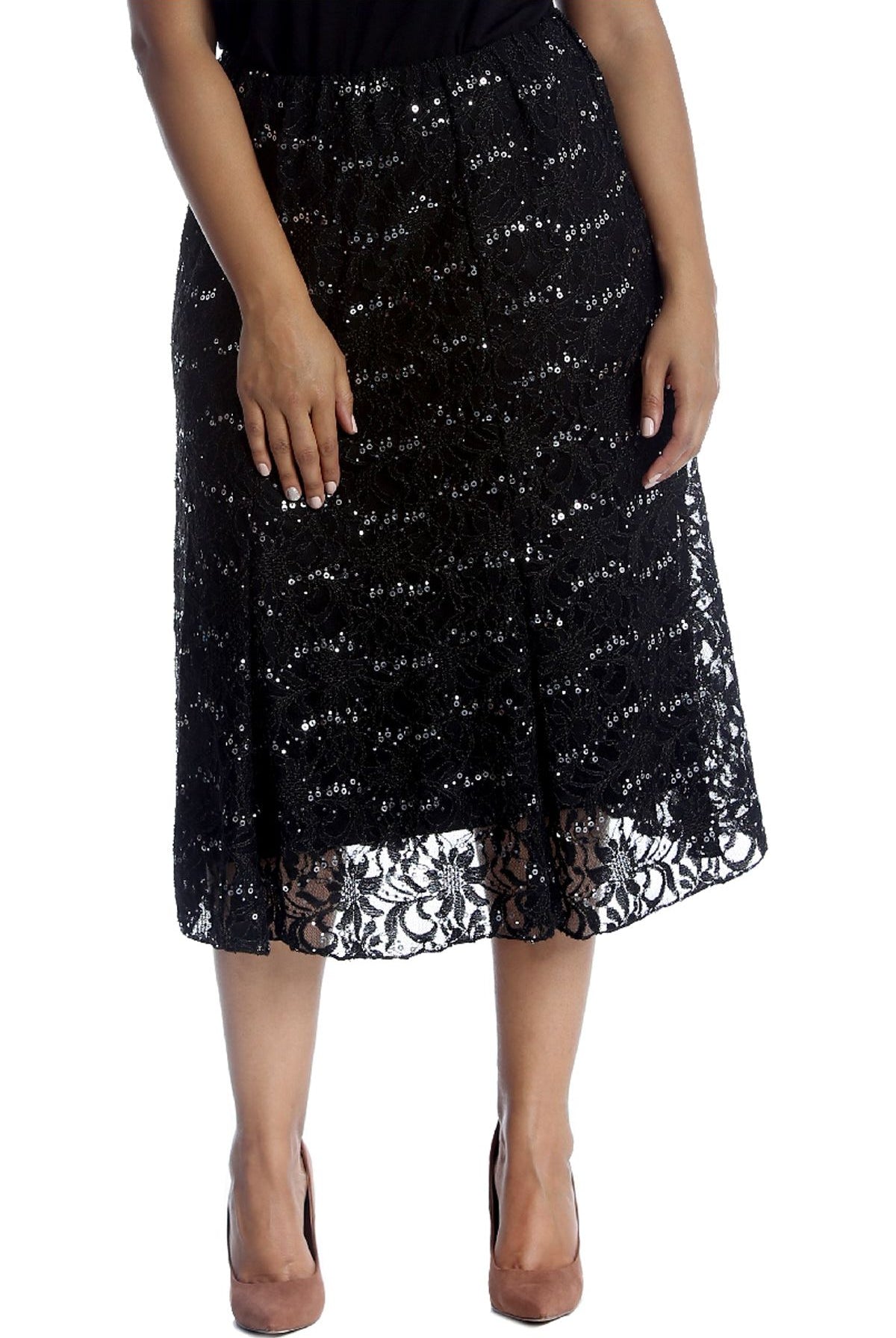 Floral Lace Lined Sequin Flared Midi Skirt Skirt WearAll Black 18