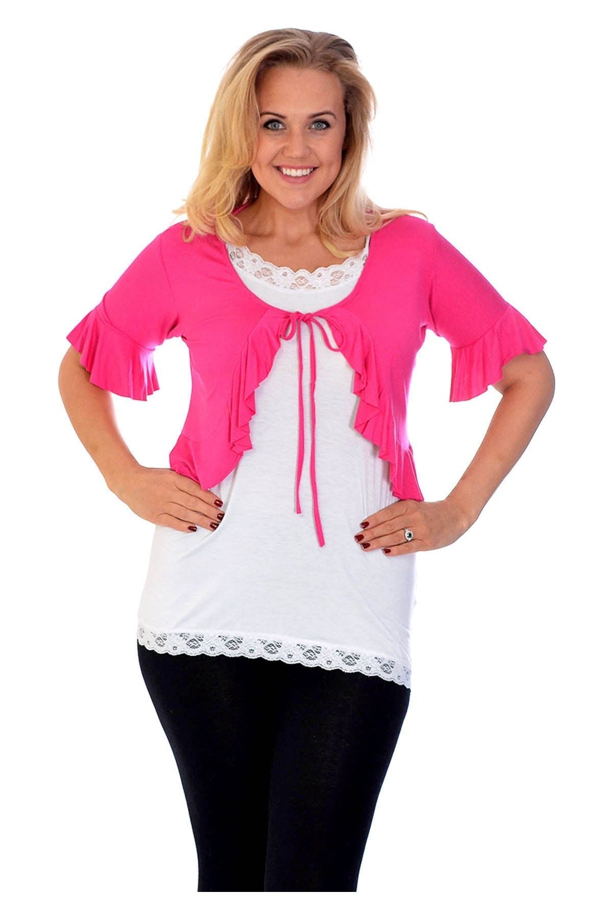 Plus Size Frill Tie Shrug Tops WearAll Cerise 14