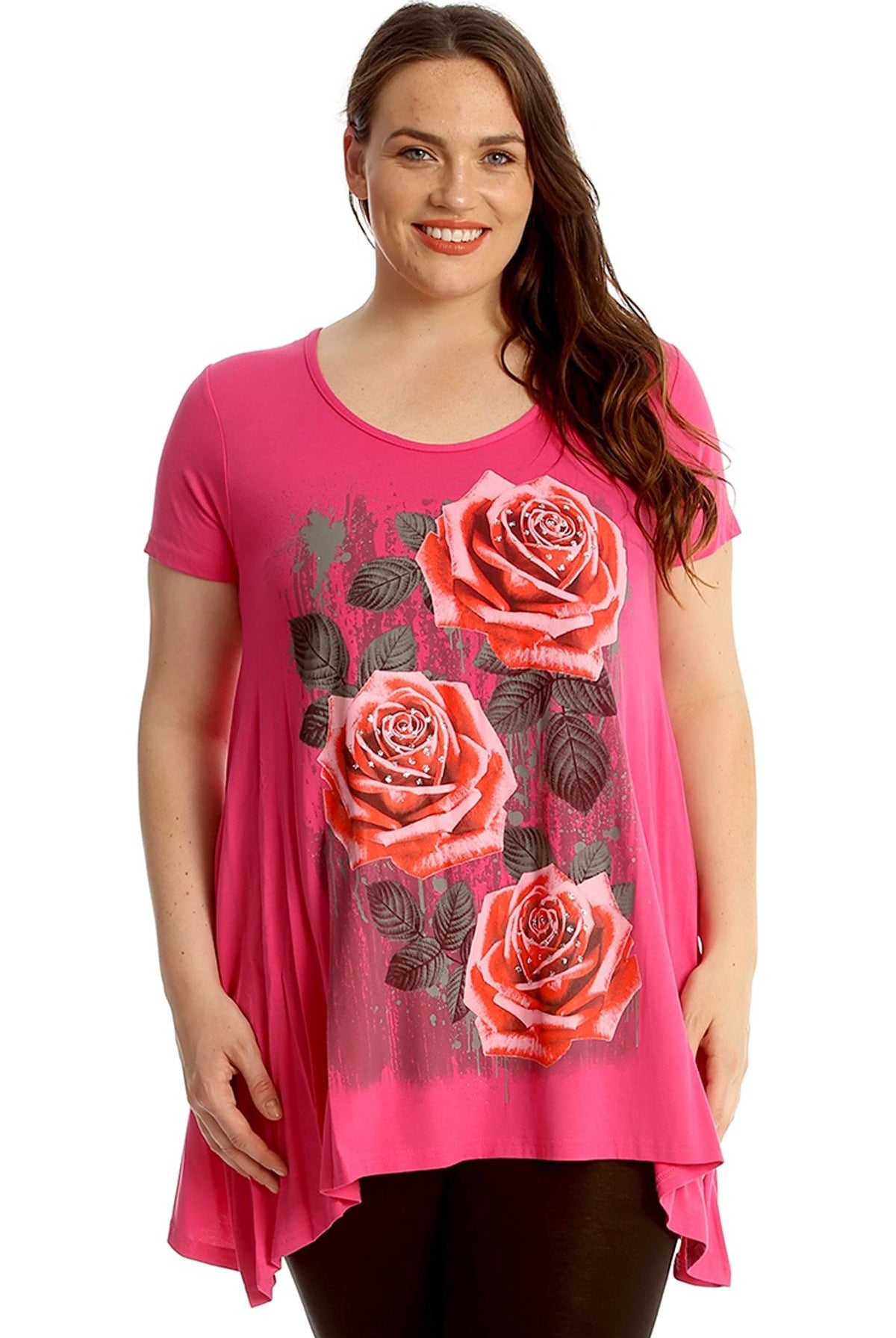 Three Rose Print Hanky Hem Short Sleeve Top Apparel & Accessories WearAll Cerise 14