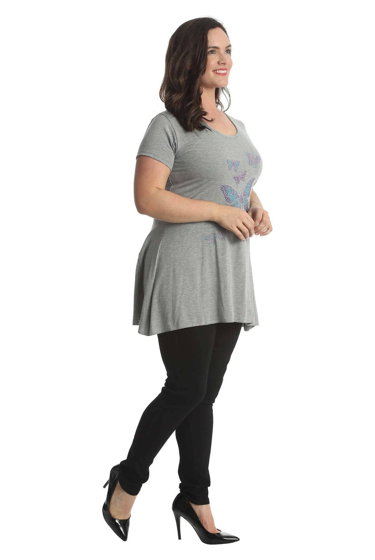 Diamante Butterfly Stud Hanky Hem Short Sleeve Top Apparel & Accessories WearAll