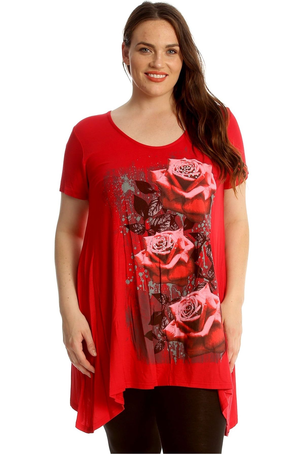 Three Rose Print Hanky Hem Short Sleeve Top