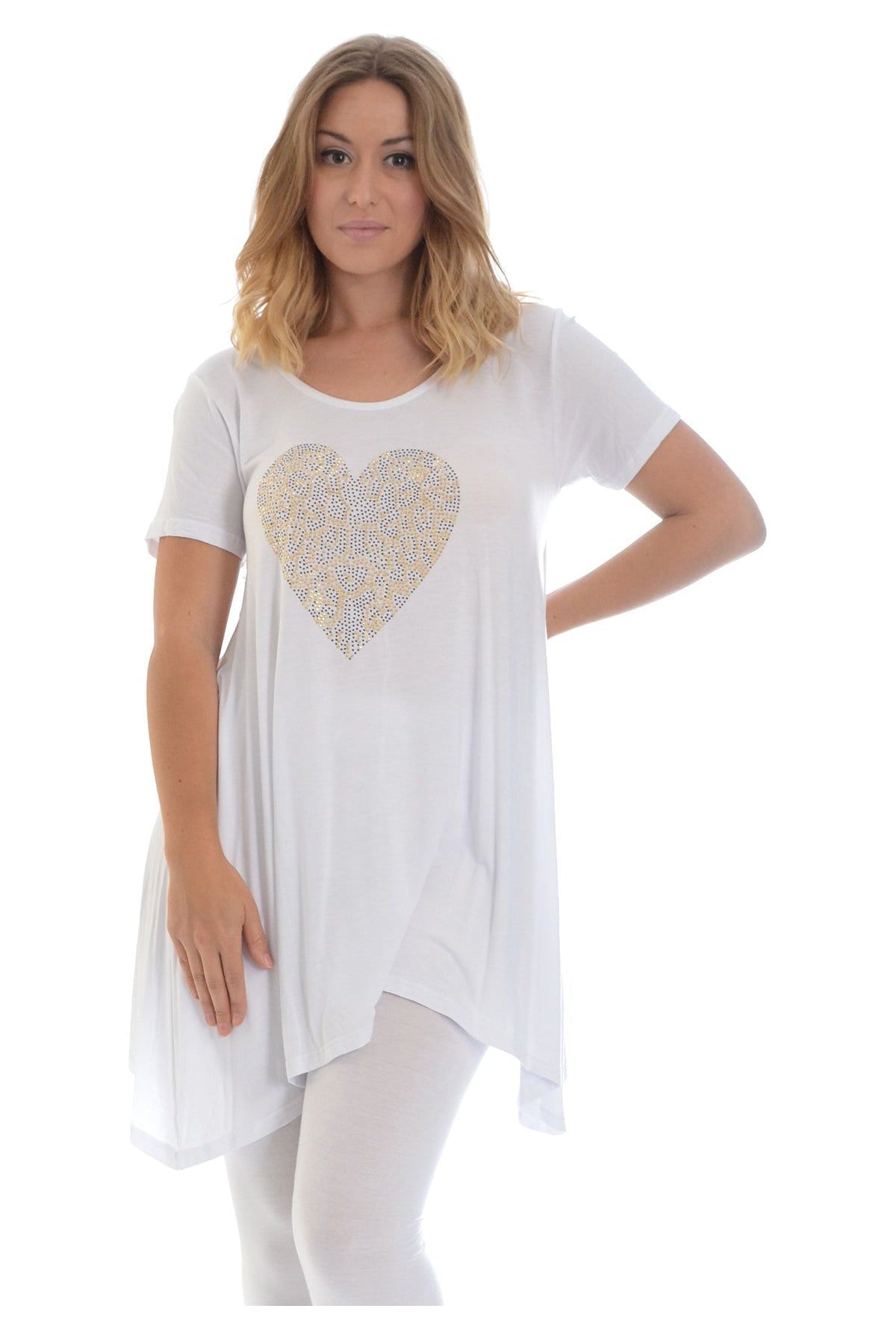 Leopard Print Studded Heart Hanky Hem Short Sleeve Top Apparel & Accessories WearAll White 14