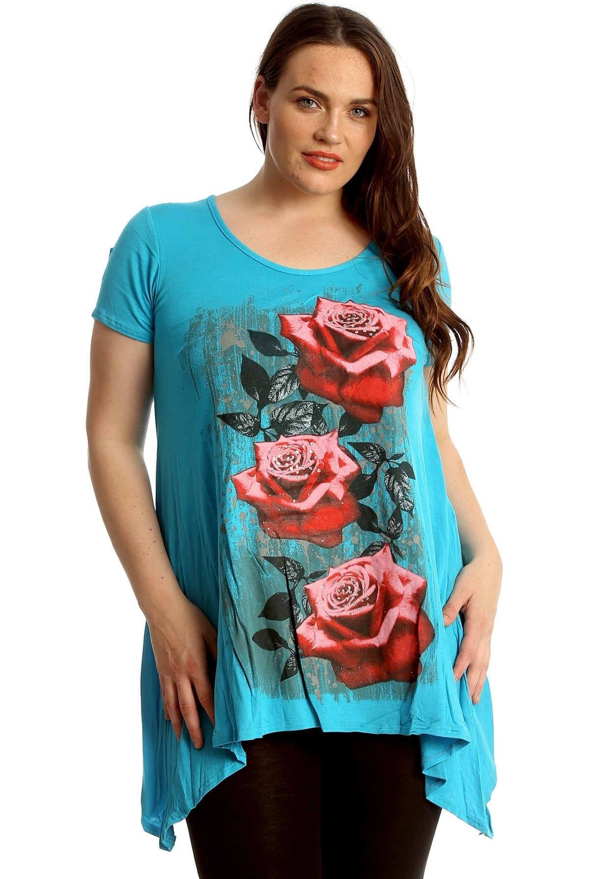 Three Rose Print Hanky Hem Short Sleeve Top