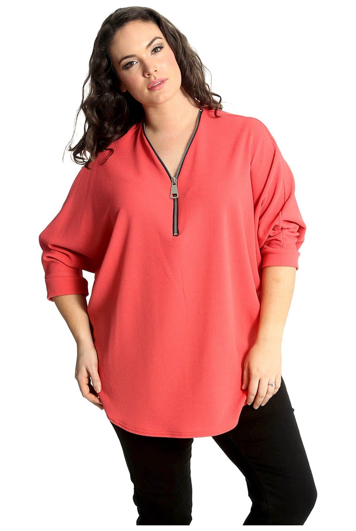 Plus Size Zip Curved Hem V-Neck Batwing Sleeve Top Tops WearAll