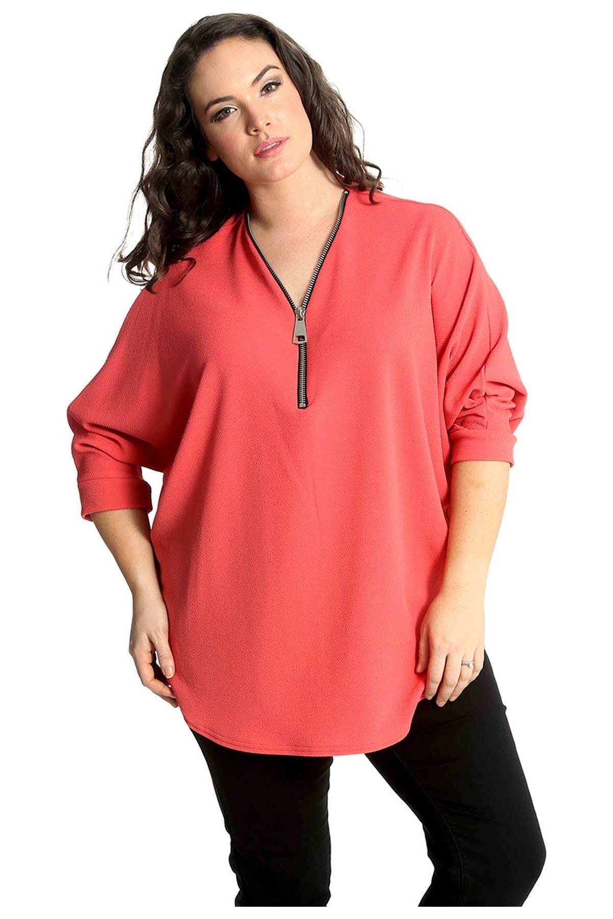 Plus Size Zip Curved Hem V-Neck Batwing Sleeve Top Tops WearAll