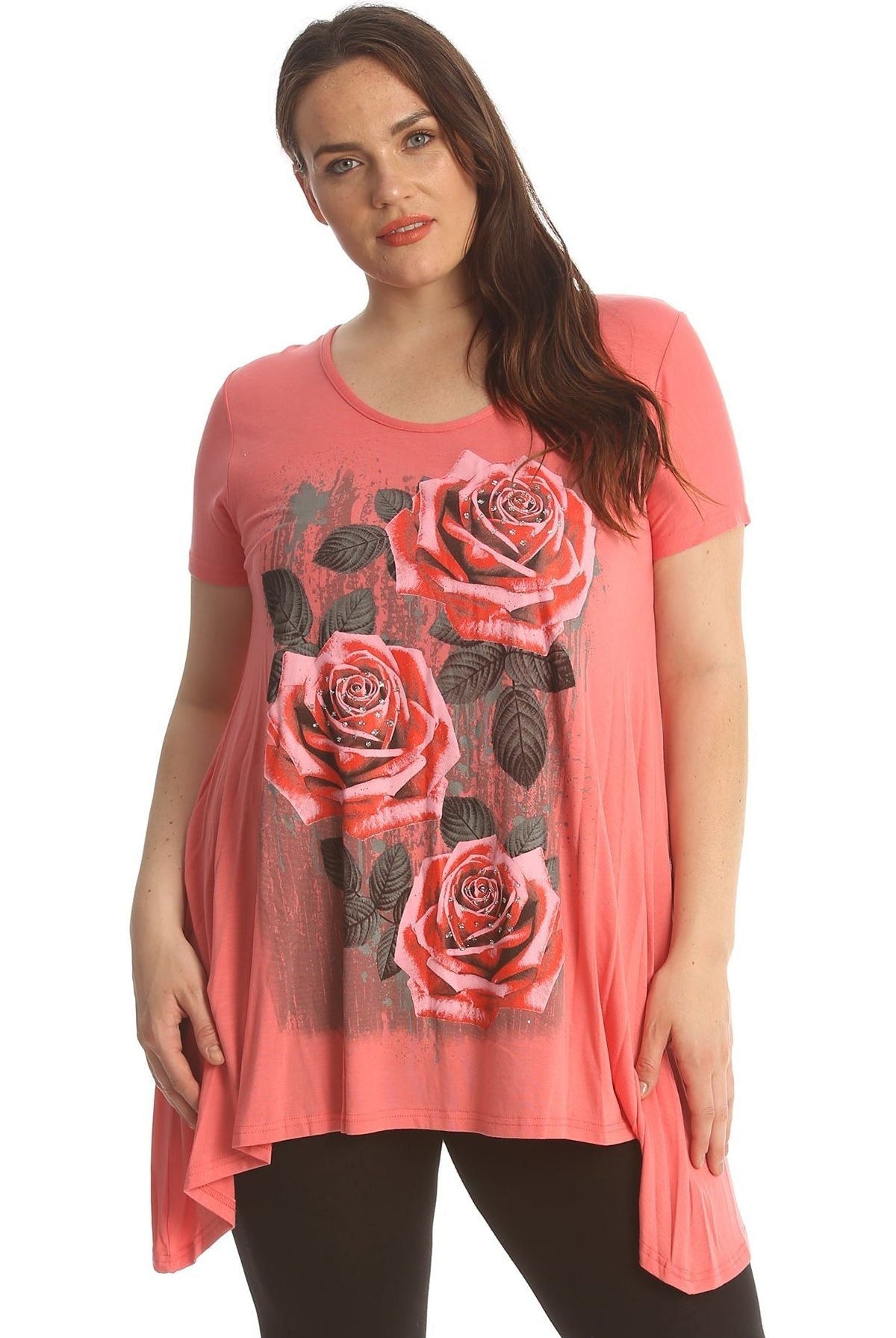 Three Rose Print Hanky Hem Short Sleeve Top Apparel & Accessories WearAll