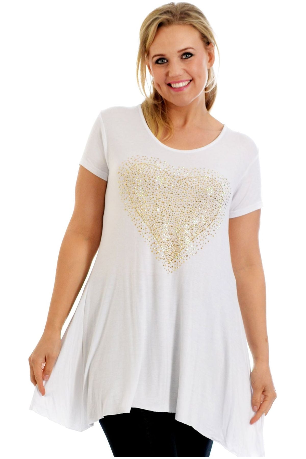 Gold Studded Hanky Hem Short Sleeve Top Apparel & Accessories WearAll White 14