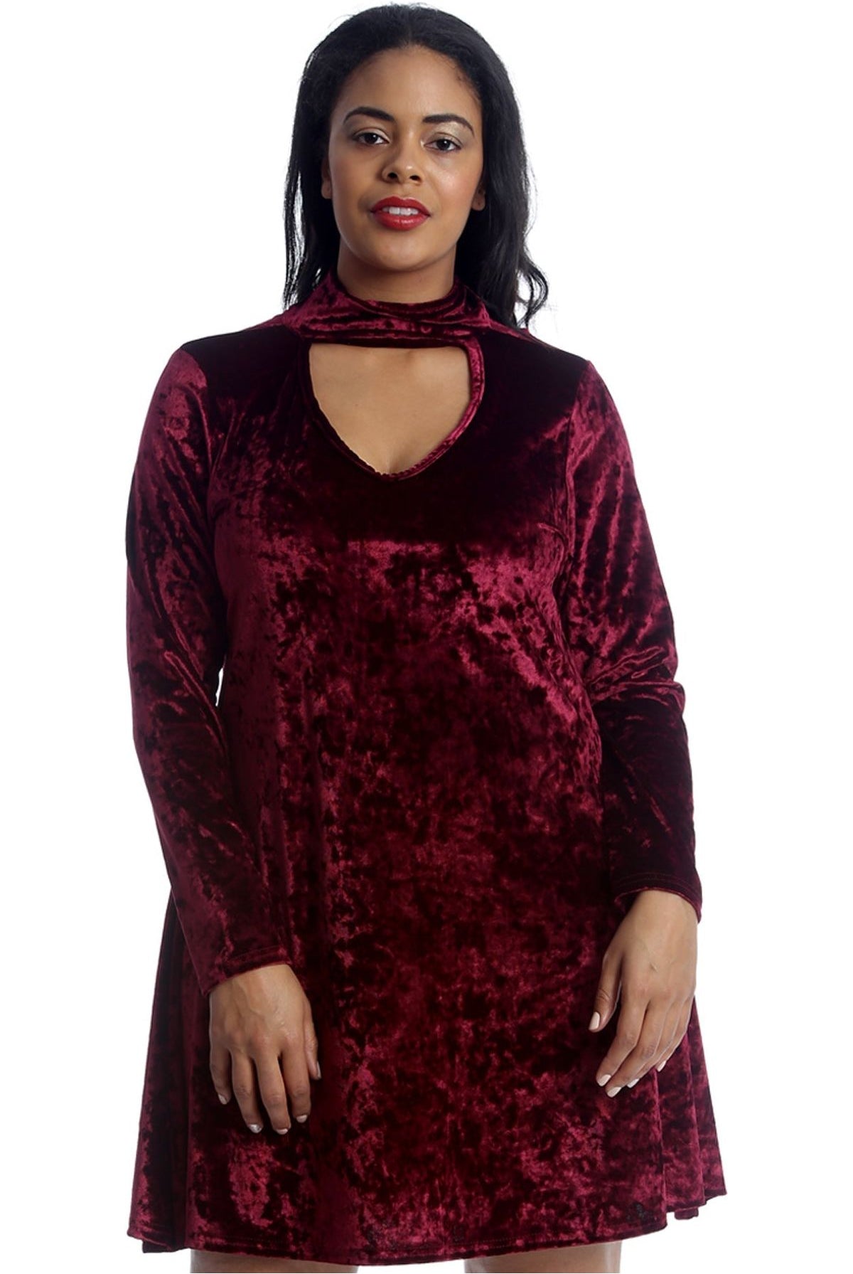 Plus Size Velour Velvet Long Sleeve Choker V-Neck Dress Dress WearAll Wine 14