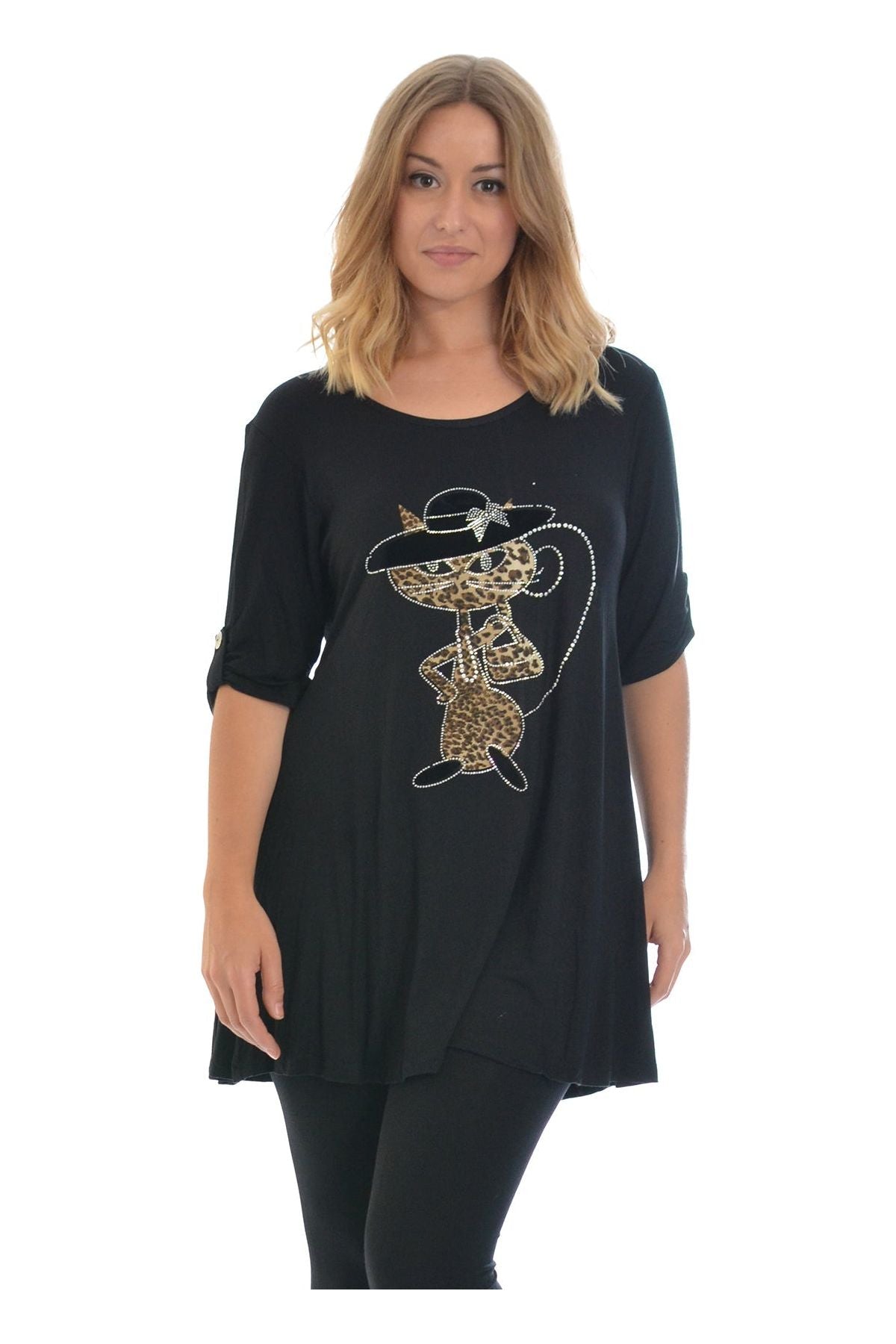 Cat With Hat Stud 2 Button Top Apparel & Accessories WearAll Black 14