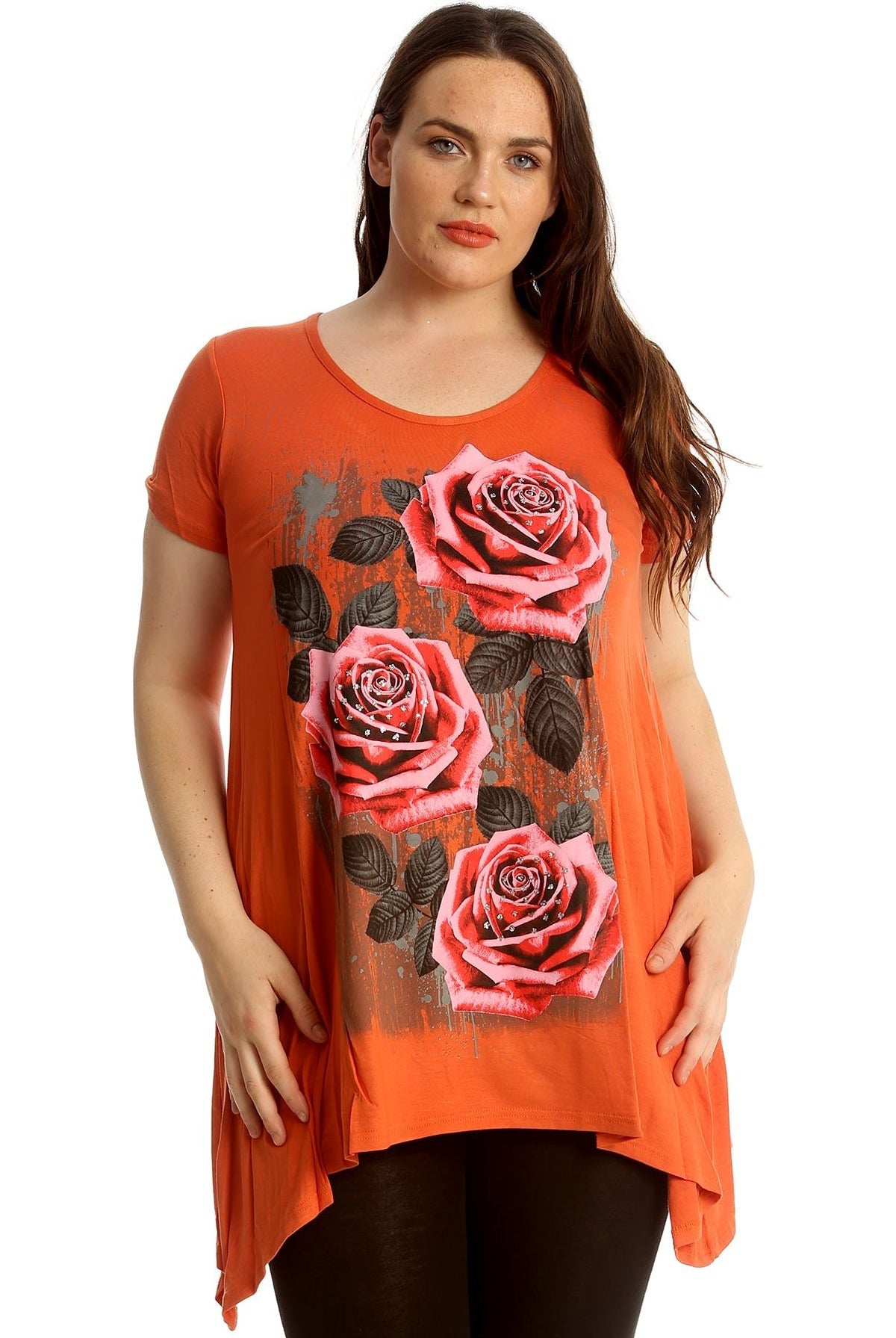 Three Rose Print Hanky Hem Short Sleeve Top