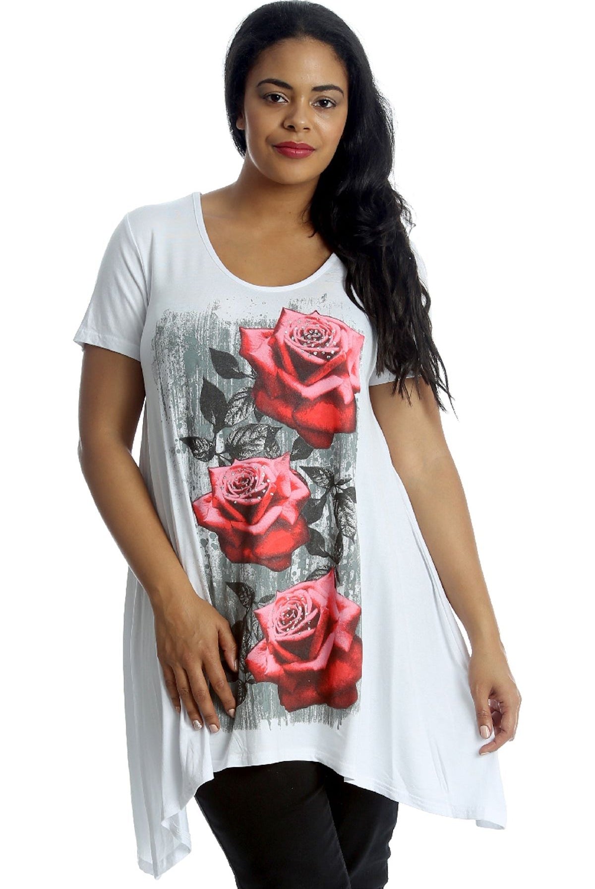 Three Rose Print Hanky Hem Short Sleeve Top Apparel & Accessories WearAll