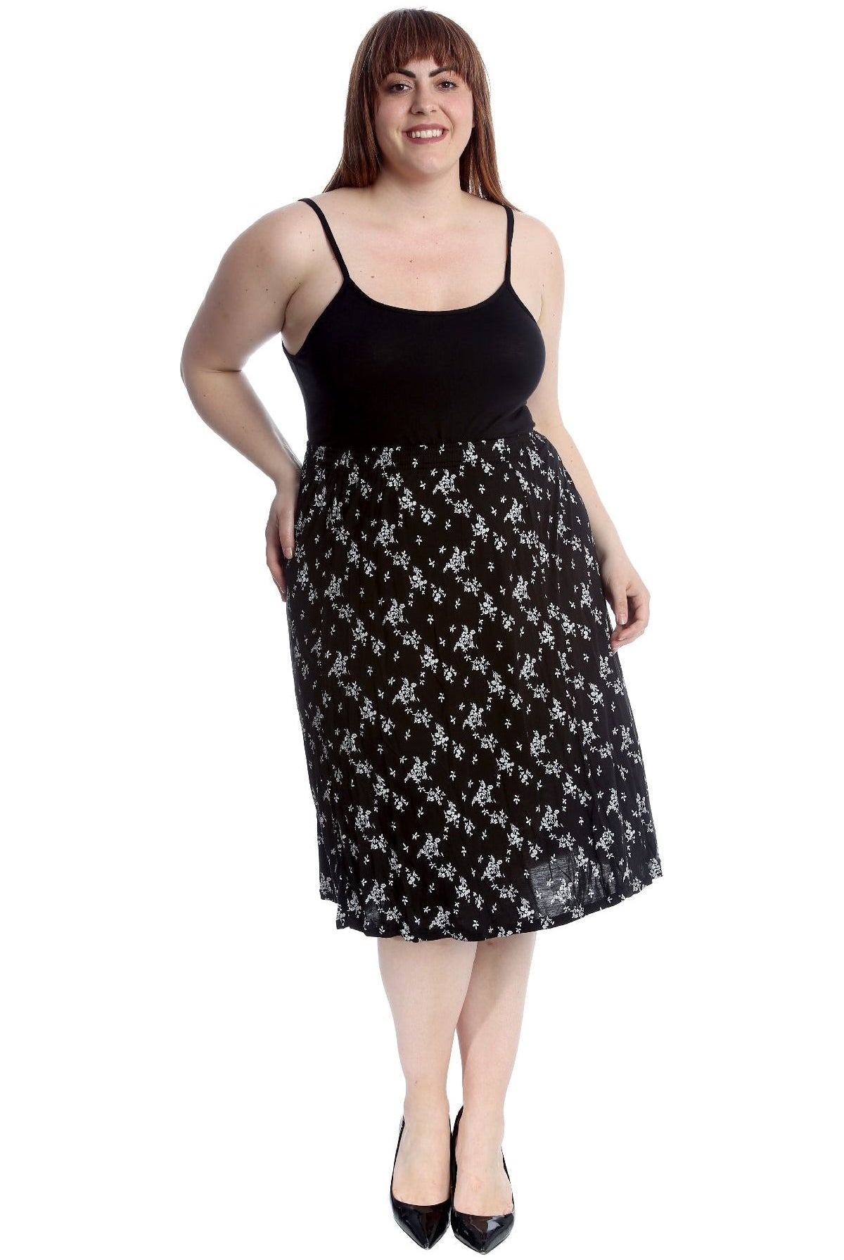 Plus Size Floral Leafy Print Midi Skirt Skirt WearAll