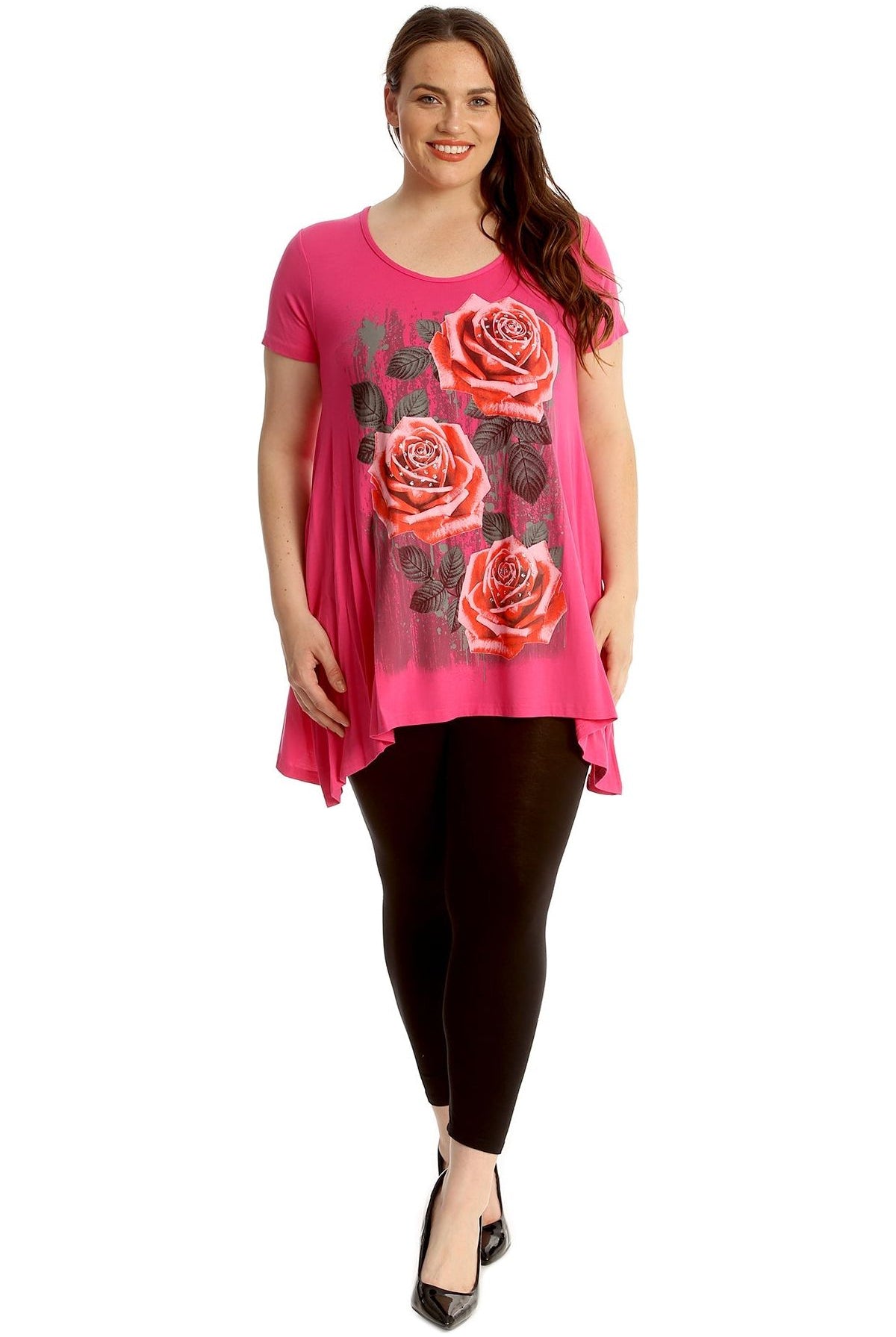 Three Rose Print Hanky Hem Short Sleeve Top Apparel & Accessories WearAll